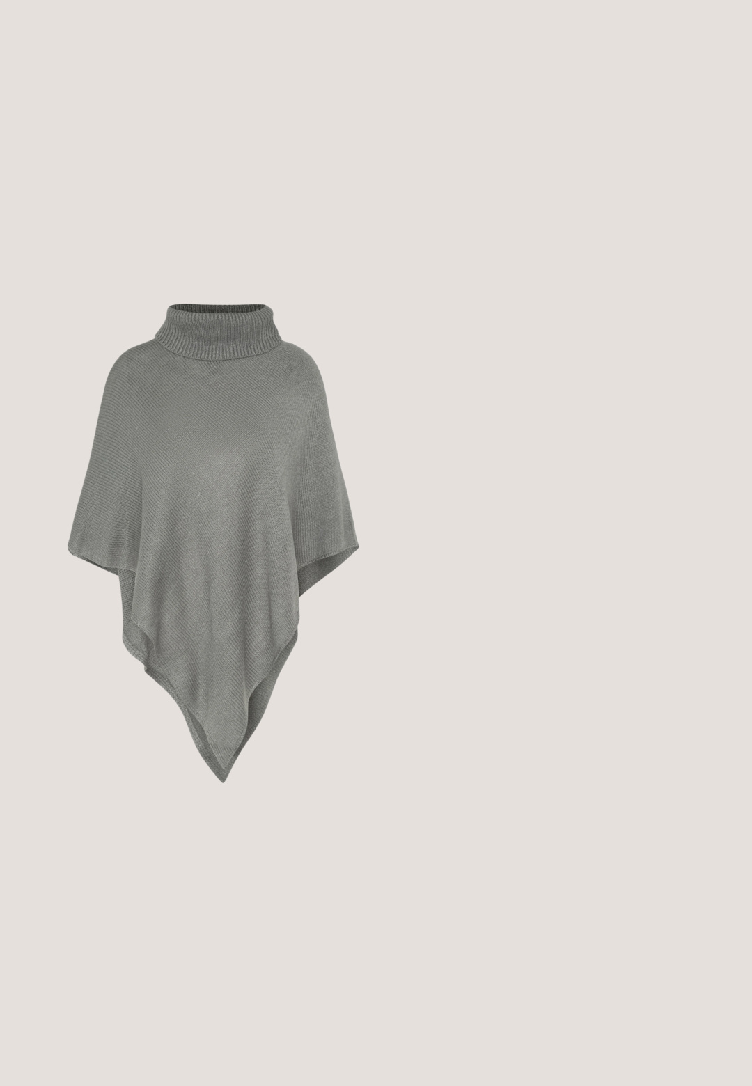 Lys grå poncho med en høj, ribbet krave. Har et struktureret strikmønster og en flydende, triangular form, der hænger ned.; Sort langærmet top lavet af tekstureret stof med et gittermønster. Har rund halsudskæring og tætsiddende silhuet.; Bredde bukser i sort og grå tekstureret stof med elastisk talje for komfort. Ingen synlige lommer eller lukninger.; Sort læder slingback hæl sko med spidse tæer, lille forstrop og blokhæl. Glat tekstur med guld detaljer.; Sort blank rektangulær håndtaske med topstrop, guldfarvet hardware og aftagelig rem, placeret på en ensfarvet lys baggrund.; Øreringe i guldbelagt metal formet som delikate blomster med lange, tynde stilke og kroglukninger på en ensfarvet baggrund.