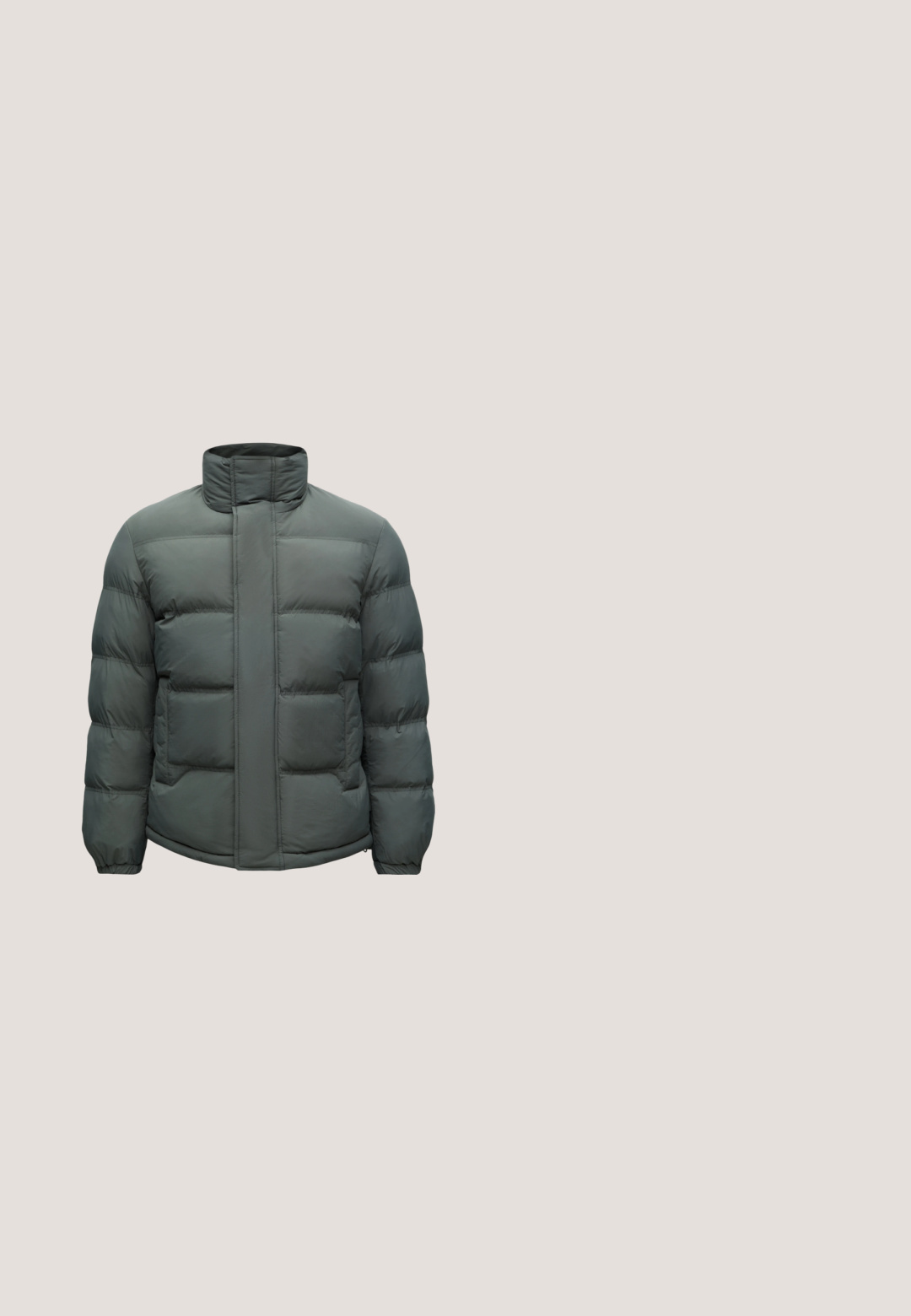 Veste d'hiver matelassée gris foncé avec col montant, poignets élastiques et poches avant sur un fond clair uni.; Pull vert texturé à manches longues avec col rond, poignets et ourlet côtelés, présenté à plat sur fond blanc.; T-shirt en coton noir à manches courtes, col rond, avec un petit logo blanc sur la poitrine gauche. Texture lisse, design simple.; Jean noir coupe droite avec poches avant et arrière, passants pour ceinture et petit logo Wrangler à l’intérieur de la ceinture.; Bottine noire en cuir avec finition texturée, laçage sur le devant, semelle robuste et languette sur fond uni et neutre.; Sac messager en cuir noir Calvin Klein avec bandoulière réglable et rabat avant sécurisé par deux boucles.