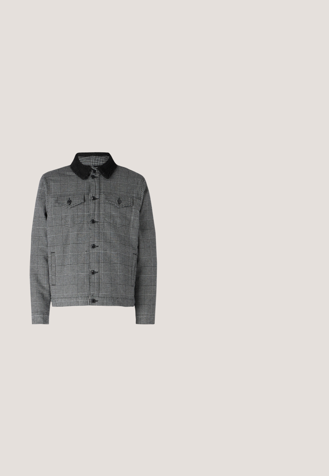 Chaqueta de cuadros en negro y gris con un cuello de sherpa negro, cierre de botones en el frente y dos bolsillos en el pecho con solapa. Material de mezcla de algodón.; Camiseta negra de manga corta con cuello redondo. Fabricada en una tela suave, con un corte relajado y sin patrones ni detalles visibles.; Jeans de mezclilla negra con un diseño de pierna recta, estilo de cinco bolsillos y un ligero desgastado. Completados con un cierre de botón y cremallera.; Zapatilla de cuero negra con rayas blancas, suela de goma texturizada y parte frontal con cordones. Cuenta con una etiqueta de marca en la lengüeta.; Polaroid Gafas de sol - grey; Bolso cruzado de tela negra con un compartimento principal con cremallera, acentos de cuero, bolsillo frontal y strap ajustable. Logo de Marc O'Polo visible.