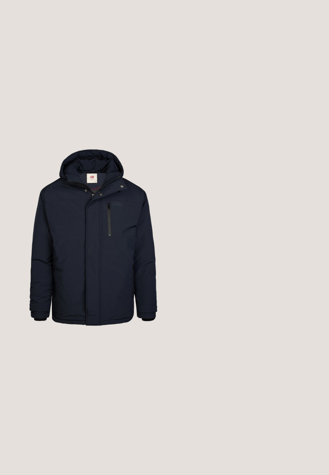 Marineblaue wattierte Winterjacke mit Kapuze, Frontreißverschluss, Brusttasche mit Reißverschluss und verstellbaren Bündchen.; Marineblauer Langarmpullover mit Viertelreißverschluss und strukturiertem Vorderteil, geripptem Kragen, Bündchen und Saum.; Marineblaues Hemd mit Knöpfen aus einem Stoff mit glatter Textur, das zwei Brusttaschen und braune Knöpfe entlang der Vorderseite aufweist.; Dunkelblaue Denim-Jeans mit einer Slim-Fit-Passform, ausgestattet mit fünf Taschen, orangefarbenen Nähten und einem klassischen Knopfverschluss in der Taille.; Schwarze Leder-Ankle-Boots mit einem textilen Kragen, braunen Akzenten, Metallösen und einer strukturierten Sohle. Verfügt über einen seitlichen Reißverschluss für einfaches An- und Ausziehen.; Piquadro MEN'S CROSSBODY BAG FOR IPAD® - Umhängetasche - blu