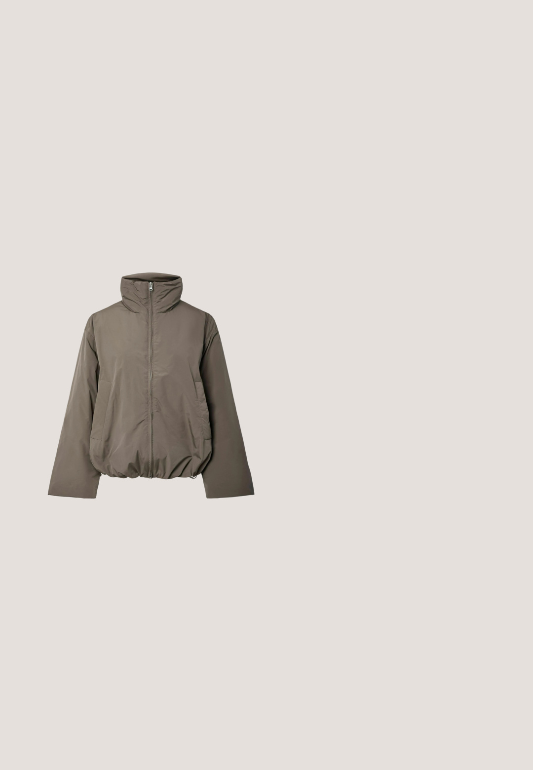 Brown puffer jacket with high collar, front zipper, side pockets, long sleeves, and elasticated hem.; Long-sleeve fitted shirt with black and white zebra stripes and a round neckline.; Dark brown wide-leg cargo pants with multiple flap pockets and buttoned straps at the cuffs, front button, and zip closure.; Chunky dark brown platform heel shoe with multiple buckle straps and an ankle strap with round metal buckle.; Small dark brown patent leather handbag with two front flap pockets and double shoulder straps, standing on a white surface.; Tortoiseshell hair clip made of glossy plastic, featuring a curved shape and eight gripping teeth for secure hold.