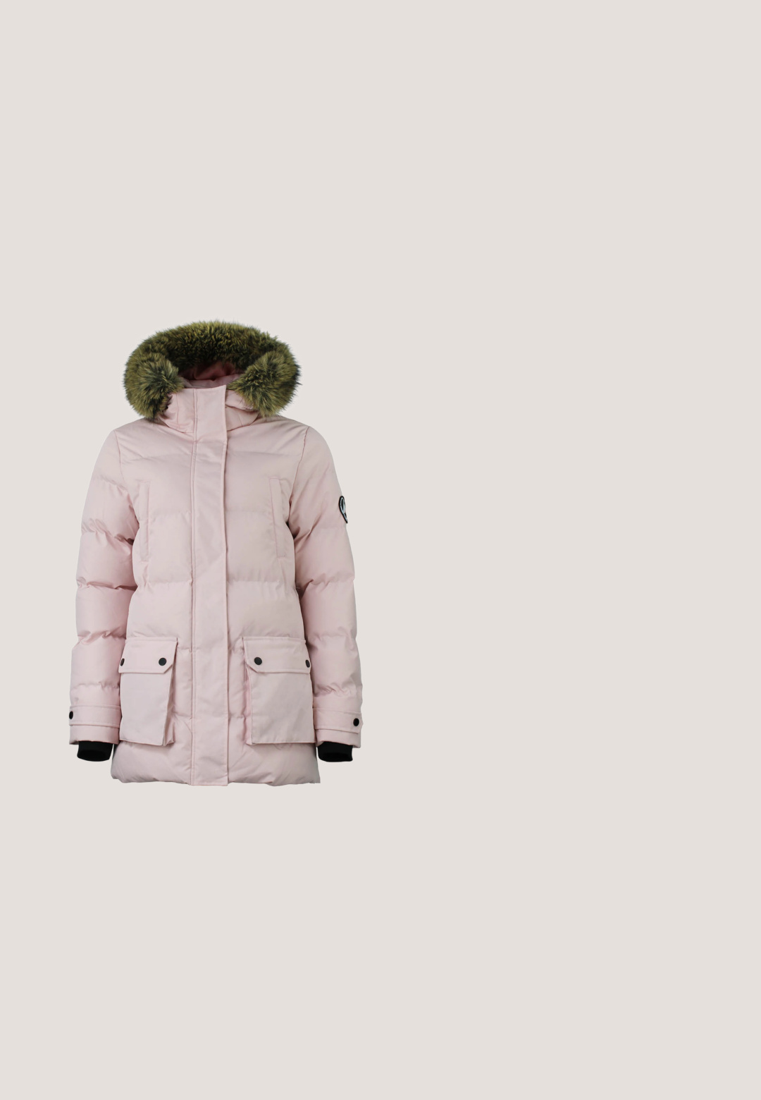 Peak Mountain ANABEL - Wintermantel - rose; Lichtroze fleece pullover met een halve rits-kraag, lange mouwen en een gladde textuur. Minimalistisch ontwerp, geen patronen of accenten.; Lange mouwen, lichtroze shirt gemaakt van gladde stof, met een ronde hals en een getailleerde silhoët zonder zichtbare patronen of accenten.; Waterdichte, roze skibroek met een rechte snit, geplooide voorkant, twee zijzakken en zwarte accenten bij de enkels.; Kamik Snowboots  - dark grey; Roze gequilted tote bag met grijze handvaten en hardware, met een rechthoekige vorm en een logo patch aan de voorkant. Zachte stoftextuur.