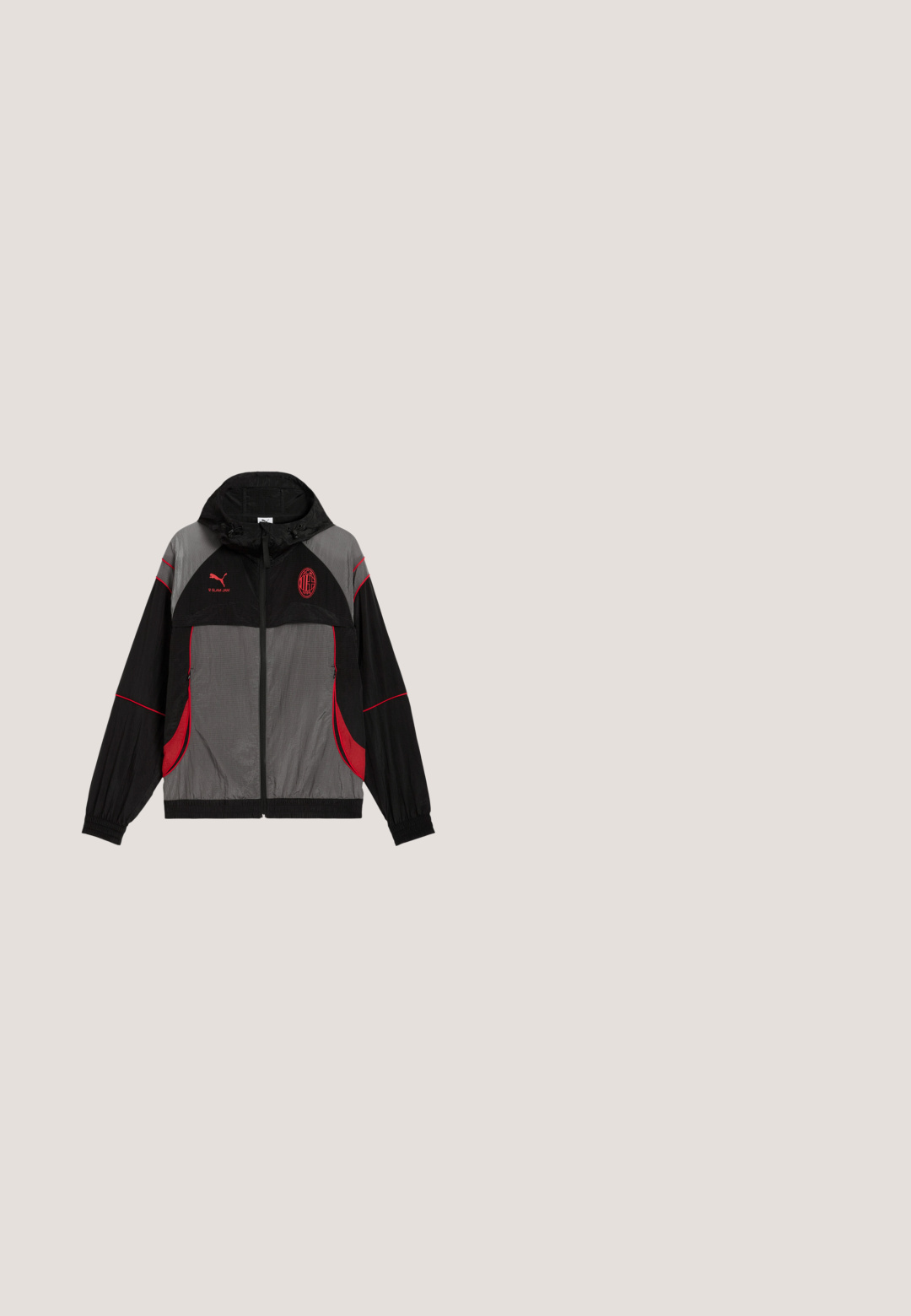 Veste à capuche zippée noire et grise avec accents rouges, logo Puma et emblème de l'AC Milan sur la poitrine avant, poignets élastiques et deux poches zippées à l'avant.; Hoodie noir en tissu doux, arborant une poche kangourou à l'avant et un logo rouge "ROCAWEAR" sur la poitrine gauche. Coupe et design classiques.; Chemise blanche à manches longues avec manches noires, ornée d'un dessin animé de dépanneuse décollant avec des effets de flammes et de fumée.; Shorts rouges en coton avec une taille élastique, présentant un grand design graphique blanc sur la jambe gauche et une texture lisse.; Baskets montantes noires avec accents rouges, dotées d'un upper en cuir texturé, d'un col rembourré, d'une sangle ajustable et d'une semelle en caoutchouc blanc.; Sac banane noir de la marque KORÖSHI avec compartiments zippés, sangle ajustable et tirettes de fermeture éclair accentuées en rouge.
