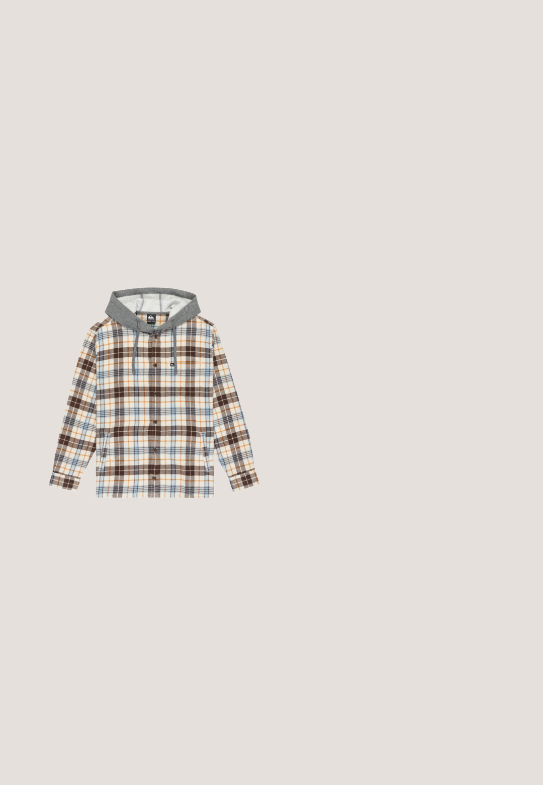 Camisa de cuadros con cuadrados en marrón, naranja y azul, con capucha gris, cierre de botones y bolsillos laterales en un tejido suave.; Vans Sudadera con cremallera - dark brown; Camiseta de manga corta beige hecha de algodón, con un pequeño logo blanco en el lado izquierdo del pecho y un cuello redondo. Diseño simple y sin adornos.; Pantalones de pana beige con botón y cremallera delanteros, trabillas para cinturón, dos bolsillos delanteros y una pequeña etiqueta en el bolsillo derecho.; Zapatilla de caña alta en negro y marrón con paneles color tostado, cordones negros, una etiqueta redonda de la marca DC y una suela negra gruesa.; Vans CAST SHOULDER - Bandolera - sepia