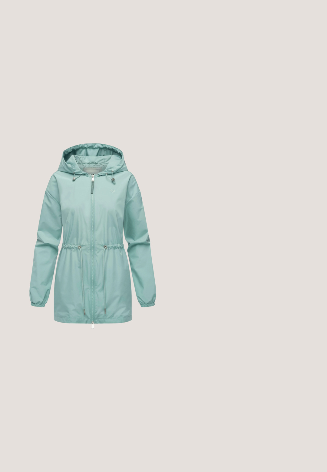 Mintgroene lichtgewicht jas met capuchon, elastische trekkoord in de taille, ritssluiting en lange mouwen met elastische manchetten.; Korte mouwen, lichtgroene t-shirt met een bloem- en halve maan grafiek. Zachte textuur met een relaxte pasvorm en omgerolde mouwen.; Lichtgroene midirok met elastische tailleband, aantrekkoord, zakken aan de voorkant en rechte naden aan de voorkant.; Lichtgroene sneaker met bovenwerk van mesh, ronde neus, platte witte zool en vetersluiting. Heeft een logo op de tong en een trekhaak aan de hak.; Bloemen tapijt schoudertas in blauw en groentinten met grijze leren accenten en een verstelbare schouderriem; beschikt over een getextureerd, geweven oppervlak.; Zilveren ketting met een druppelvormige hanger in turkoois, met een gestructureerd oppervlak en een gepolijste zilveren omlijsting.