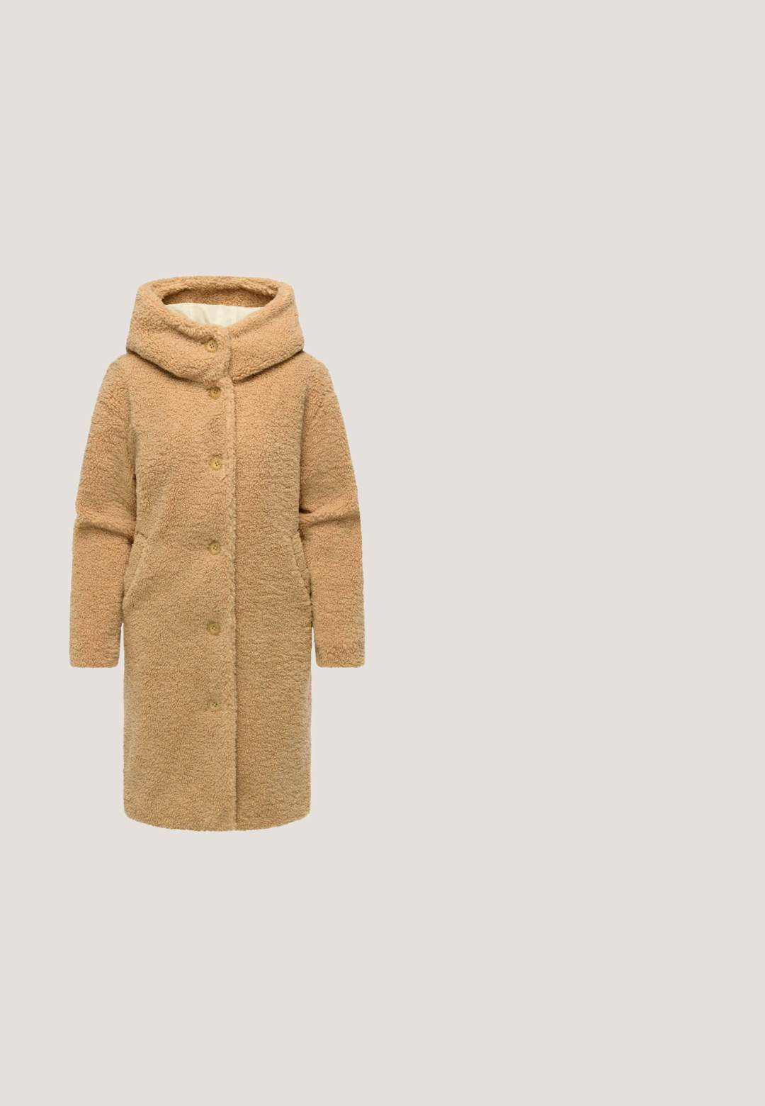 Faux pelsjakke i lys brun med hætte, der har knaplukning og to forlommer. Blød tekstur og knælangt design.; Brun strikket cardigan med rund halsudskæring, fem blå knapper, ribbet kant og to lommer foran. Blød tekstur over det hele.; Olivengrøn bomulds t-shirt med korte ærmer, en rund halsudskæring og en glat overflade. Har et minimalt design uden mønstre.; Brune bukser med vide ben, elastik i taljen, snøre og hvide sidelommer, der løber fra talje til kant.; Brun lav sneakers med hvide snørebånd, to hvide side-striber og en tekstureret sål, lavet af mesh og ruskindsmaterialer.; Lille taupe læder crossbody taske med en buet form, syet klaplukning, justerbar rem og sølvfarvet "RYŁKO" logo på forsiden.