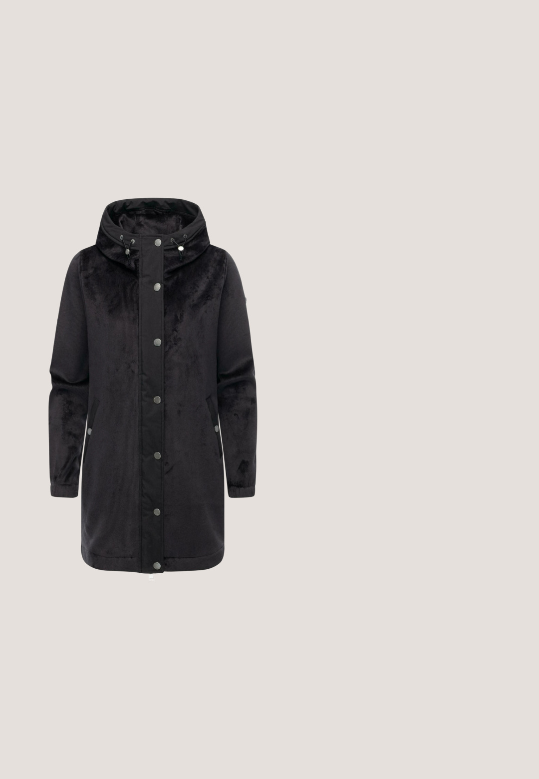 Zwarte lange jas met een gestructureerde afwerking, voorzien van een afneembare capuchon, drukknoopsluiting, zijzakken en verstelbare trekkoorden.; Grijze gebreide hoodie met een geribbelde textuur, voorzien van een capuchon met trekkoord en lange mouwen. Eenvoudig ontwerp, zonder zichtbare patronen of accenten.; Lichtgrijs shirt met lange mouwen, een hoge ronde hals en een smalle pasvorm, weergegeven tegen een witte achtergrond.; Grijze denim jeans met rechte pijpen, met knoop en rits aan de voorkant, riemlussen en voorzakken, getoond tegen een witte achtergrond.; Palado OMYLIA - Cowboy-/Bikerlaarsjes - braun; Grijze leren schoudertas met een textuur oppervlak, enkele bovenhandgreep en verstelbare schouderriem. Heeft een minimalistisch ontwerp en subtiele branding.