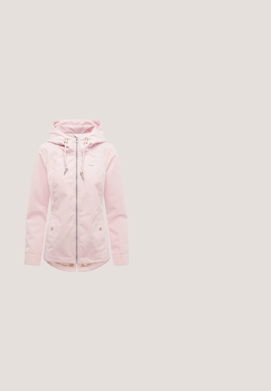 Lichtroze damesregenjas met capuchon, ritssluiting aan de voorkant, trekkoord in de capuchon en twee zijzakken met drukknoop.; Lichtroze textuurige pullover hoodie met voorzak en capuchon met trekkoord, afgebeeld op een effen witte achtergrond.; Lichtgroene sportshorts gemaakt van ademend materiaal, met een geperforeerde textuur en een elastische tailleband voor comfort.; Paarse en zwarte atletische hardloopschoen met witte dikke zool, zwevend boven een steenstraat.; Witte cat-eye zonnebril met donkere glazen en slanke pootjes, schuin bekeken tegen een witte achtergrond.; Kleine rechthoekige roze stoffen handtas met één riem en een groen Billabong-logo met bloemenmotieven aan de voorkant.