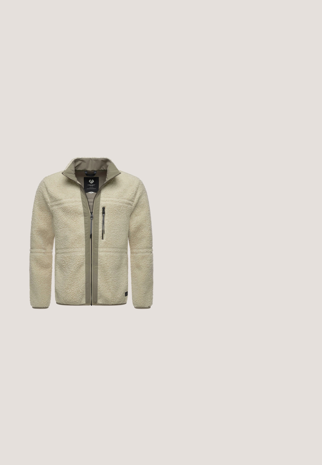 Crème-kleurige fleece jack met textuur aan de buitenkant, grijze accenten, hoge kraag en twee ritszakken op de borst. Duurzaam ontwerp met volledige rits.; PROHIBITED GARMENT - Hoodie - greymelange; Witte katoenen t-shirt met een ronde hals, korte mouwen en een klein donkergroen logo op de linkerborst. Eenvoudig ontwerp, relaxte pasvorm.; Bruine corduroy broek met een ribbelstructuur, rechte pijpen, voorzakken en een geborduurd geel logo nabij de tailleband.; Beige sneaker van glad leer met een textuurpaneel, ronde neus en platte veters. Heeft een prominente handtekening en logo-detail.; Zwarte rechthoekige zonnebril met blauwe glazen en gestructureerde zwarte pootjes. Heeft een matte afwerking en een stevig ontwerp.