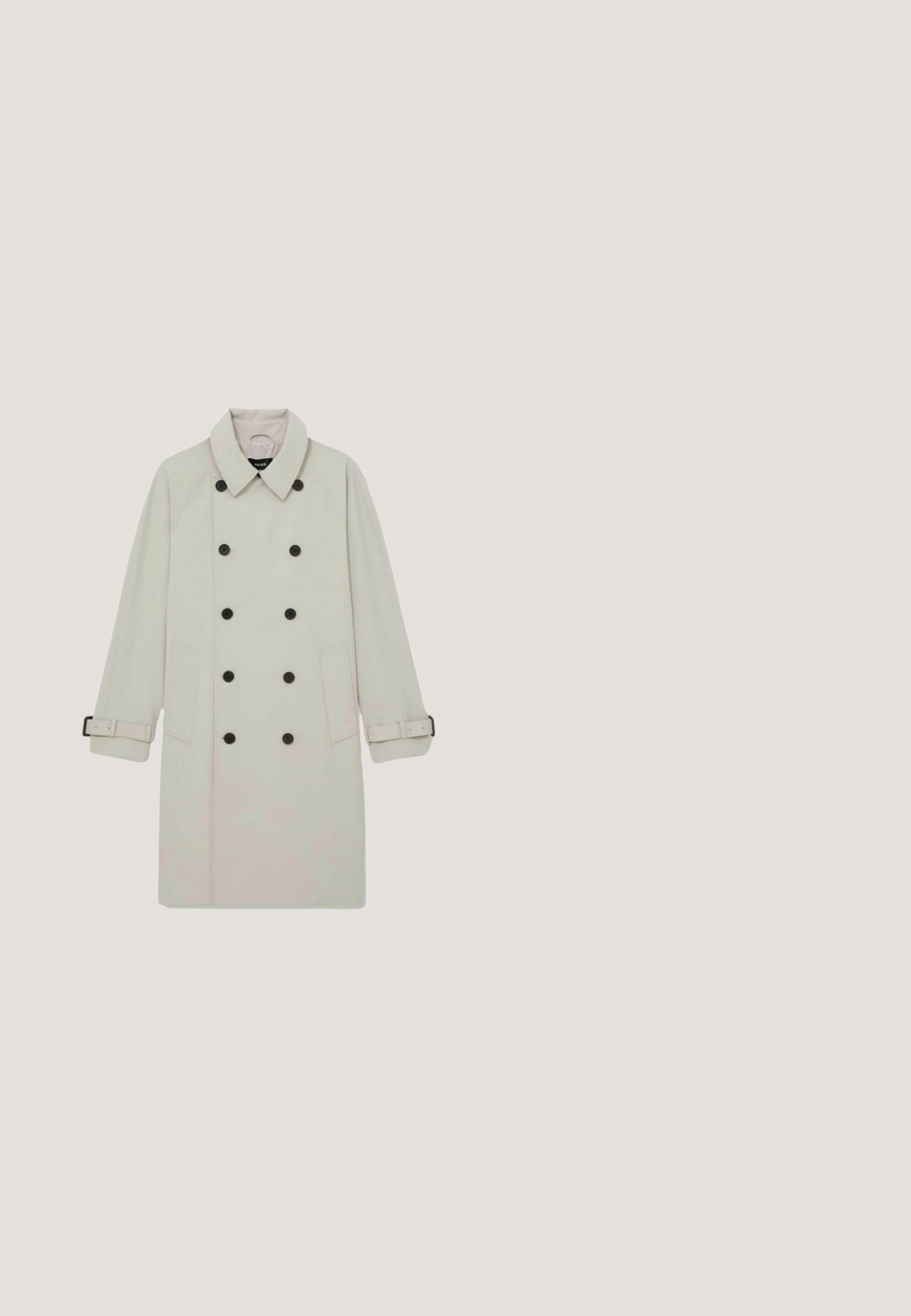 Lys beige trenchcoatstof med mørke knapper og en brun-accenteret spænde. Har en glat tekstur og kontrasterende syningdetaljer.; Beige strikket ærmeløs sweatervest med V-hals og ribbet kant, lagt fladt på en hvid baggrund.; Stribet langærmet skjorte i beige og grå nuancer, lavet af et tekstureret stof. Har en klassisk krave, knaplukning foran og en brystlomme.; Beige teksturerede bukser med lige ben, der har knaplukning, bæltestropper og en pæn afslutning ved kanten.; Scarosso ANDREA - Business loafers - brown calf; Brun læder rejsetaske med to håndtag, en justerbar skulderstrop og lynlåslukning. Textureret overflade med synlige syninger.