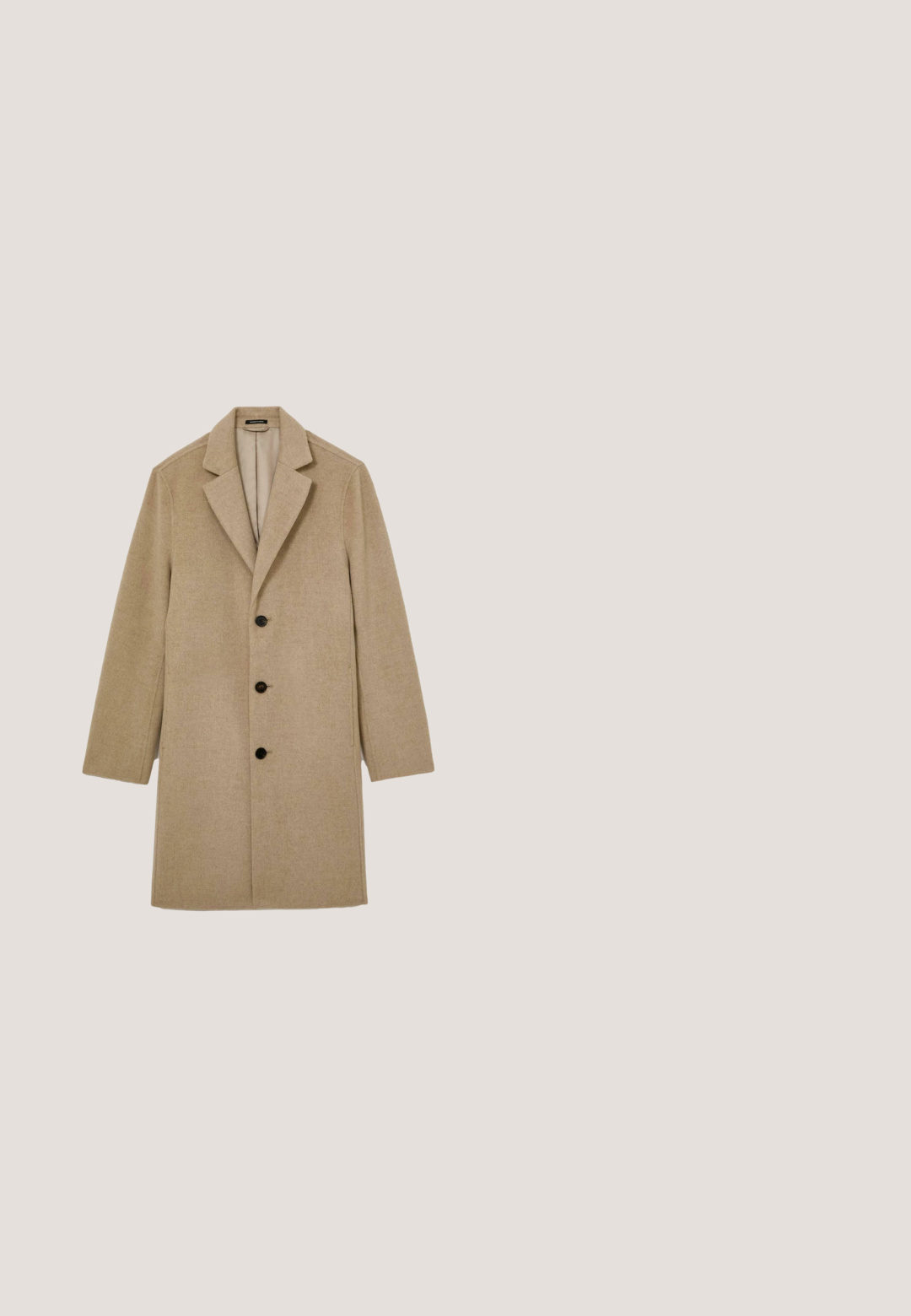 Abrigo de lana beige hasta la rodilla con tres botones negros, cuello de solapa clásico y mangas largas, mostrado plano sobre un fondo blanco.; Suéter de punto de manga larga color crema, con cuello redondo, puños y dobladillo acanalados, etiqueta de talla mediana de la marca Next.; Pantalones a medida de color beige claro con cierre de botones, trabillas para cinturón, bolsillos laterales y bajos doblados.; Zapatilla de cuero blanca con cordones blancos, exhibida sobre una superficie texturizada beige y un suave fondo desenfocado.; Larga bufanda de punto en beige con canalé, con una pequeña etiqueta rectangular cerca de un extremo, mostrada sobre un fondo claro y liso.; Le Tanneur PETITE EMILE  - Bandolera - acajou