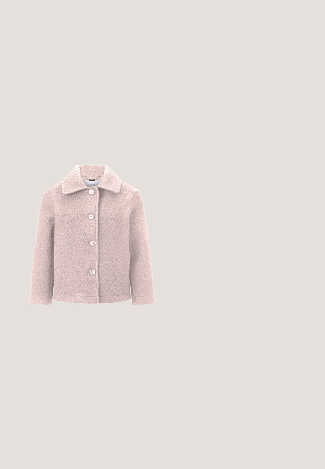 Veste en laine rose clair texturée avec quatre boutons à l'avant et un large col, présentée sur fond blanc.; Pull-over rose à col montant et coupe ajustée, avec des manches transparentes à motif floral et des poignets côtelés aux poignets.; Pantalon large en velours rose avec taille élastique, cordon de serrage, coutures verticales et clous argentés sur les côtés supérieurs.; Chaussure à talons hauts en cuir rose avec un bout arrondi, une bride à la cheville et un bord festonné. Elle est dotée d'un talon bloc fin pour un bon maintien.; Sac à main métallique rose avec une forme structurée, ornée d'un design de papillon en pierres précieuses transparentes et accents métalliques. Poignée courte.; Boucles d'oreilles en forme de papillon rose en émail avec une finition brillante, ornées d'accents dorés et d'une surface texturée.