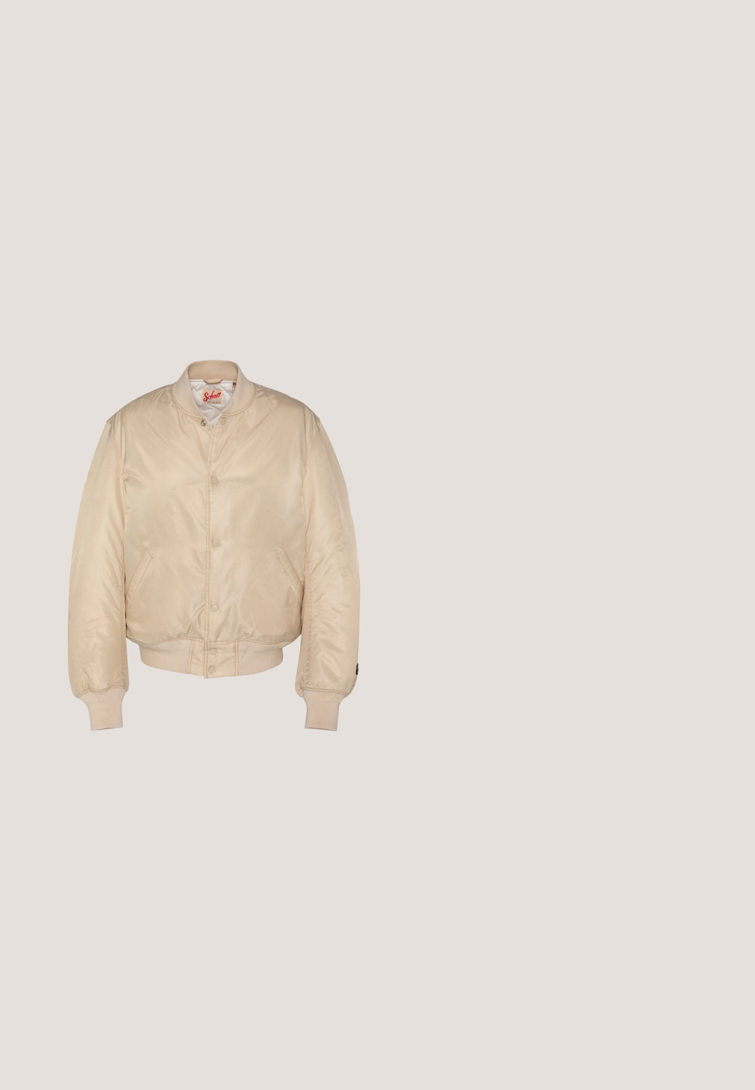 Veste bomber beige avec fermeture à boutons-pression, col, poignets et ourlet côtelés, dotée de poches latérales et d'une étiquette de marque Schott à l'intérieur du col.; Hoodie beige en tissu doux, avec une poche frontale, des poignets et un ourlet côtelés, et un logo blanc subtil sur la poitrine.; T-shirt en coton beige avec un col rond côtelé bleu et une coupe surdimensionnée, arborant un grand graphique blanc et bleu "KARL KANI" ainsi qu'un design d'oiseau.; Pantalons de survêtement crème en tissu doux. Comprend une taille avec cordon de serrage, des jambes fuselées et un logo noir sur la cuisse gauche et l'ourlet.; Baskets beiges avec un dessus synthétique sculpté et à motifs, et des accents en daim. Comprend un système de laçage, une semelle en caoutchouc épaisse et un détail de marque noir.; Sac en bandoulière rectangulaire beige avec fermeture éclair noire, détail de logo et sangle ajustable. Matériau textile lisse, design minimaliste.