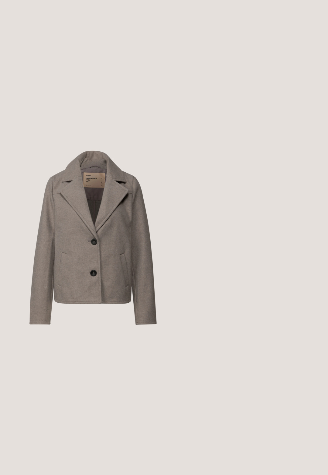Grau melierte Wollmischjacke mit Reverskragen, Knopfverschluss, zwei Fronttaschen und mittellanger Passform. Glatte Textur, minimalistisches Design.; Beiger Cardigan mit offenem Vorderteil, langen Ärmeln, einfachem Strickmuster und einem kleinen Etikett am Kragen.; Beige Langarmshirt mit weitem Rundhalsausschnitt. Aus weichem Stoff gefertigt, hat eine schlanke Passform und säumte Bündchen. Keine Muster oder Verzierungen.; Beige, schmal geschnittene Hosen mit einem bequemen, elastischen Bund. Hergestellt aus weichem Stoff, mit einfachen Nähten und ohne zusätzliche Verzierungen.; Beige Lederloafer mit einer gesteppten Naht und einem dekorativen Knoten auf dem Vorderblatt. Verfügt über eine strukturierte Gummisohle für Grip und leichte Dämpfung.; Braune Lederhandtasche mit glatter Textur, verstellbarem Schultergurt und einem oberen Reißverschluss. Subtile Markenkennzeichnung an der Vorderseite.