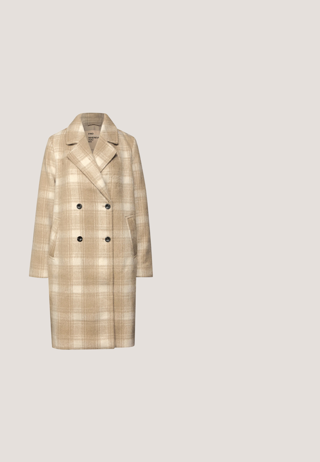 Manteau beige à carreaux croisé en mélange de laine, doté d'un revers cranté, de deux poches avant et d'accents de boutons noirs.; Pull en maille marron avec une texture en relief et des détails en torsade. Présente un col arrondi et des manches à épaule tombante.; Haut à manches longues en turtleneck marron, fabriqué en tissu côtelé. Caractéristiques : une coupe ajustée, une texture lisse et un col montant.; Pantalon de survêtement en tissu doux marron, avec une coupe droite, une taille élastique, sans motifs ni accents visibles.; Botte en cuir marron, montant jusqu'au genou, avec un bout arrondi, une texture lisse et une semelle plate et épaisse. Présente un design simple et minimaliste avec des accents de couture.; Sac à main en cuir marron foncé avec des anses larges et une boucle ovale dorée au centre avant.