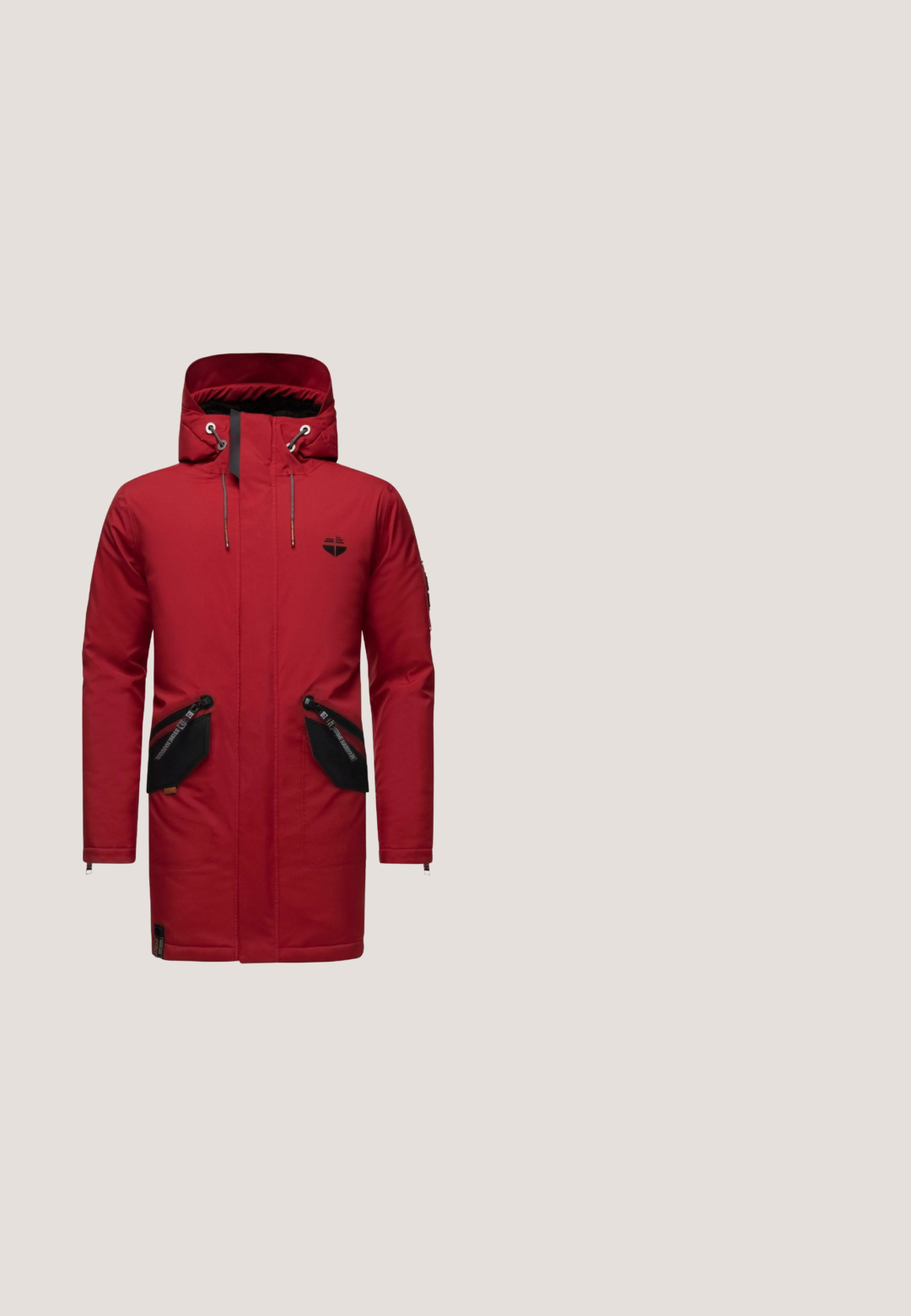 Rød parka-jakke med hætte, sorte lynlåslommer, justerbare snore, sort logo på brystet og en glat, vandafvisende overflade.; Rød fleece-pullover med en kvart lynlås og høj krave. Har kontrastfarvet grøn syning og en brystlomme med lynlås.; Rød vandtæt skijakke med hætte, der har sorte lynlåse og detaljer, flere lommer og et tekstureret stof til isolering.; Sorel CARIBOU WP - Vinterstøvler - black quarry; Sorte solbriller med et slankt, buet design, gråtonede linser og subtil struktur detaljer på stellet. Har et lille logo som accent.; Sorte vinterhandsker med en grå tekstureret underside, der har et logo, elastiske manchetter og forstærkede områder for greb og varme.