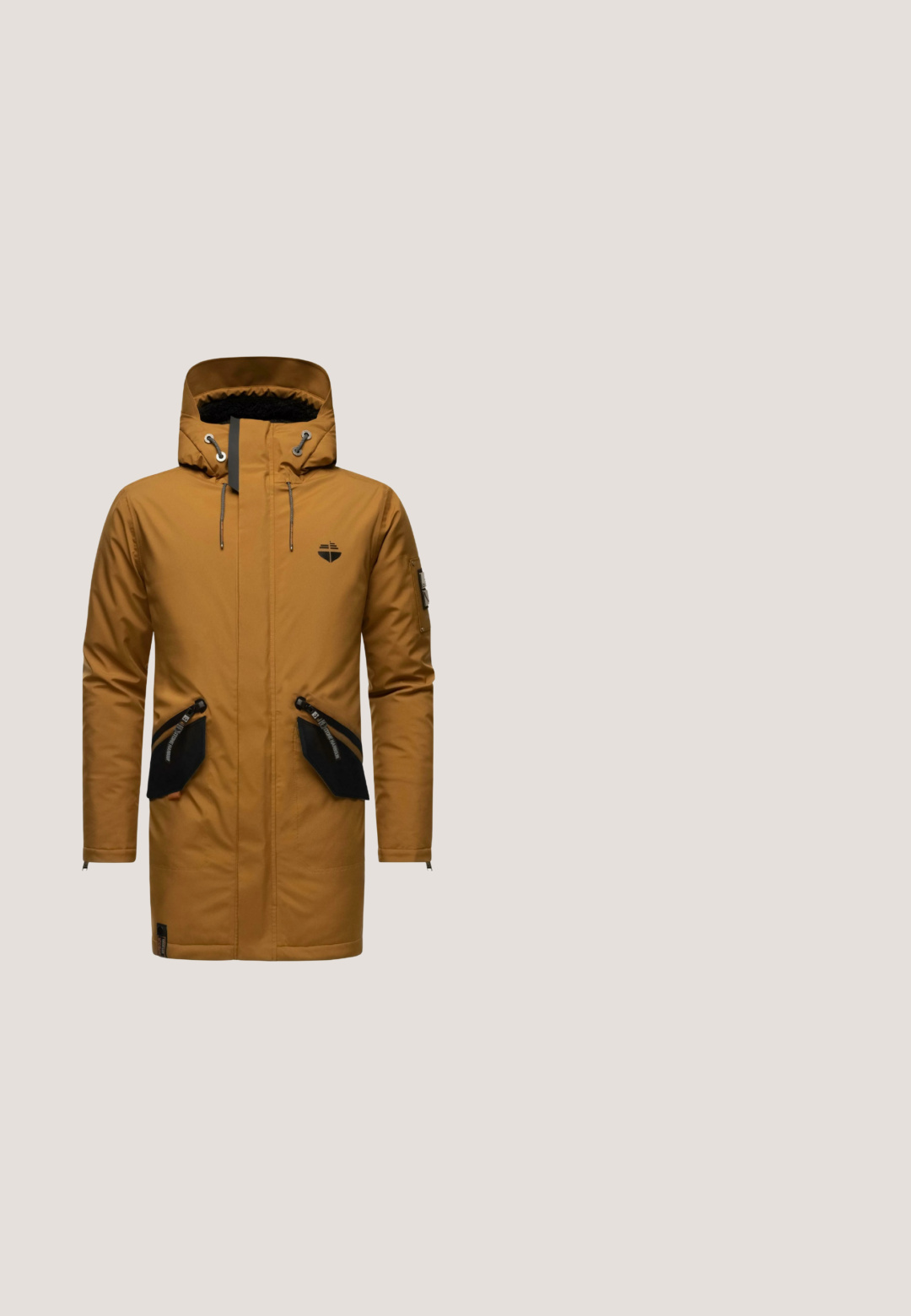 Parka imperméable orange avec capuche, zips noirs et poches avant doubles. Dispose d'une doublure texturée et de poches zippées sur les côtés.; Gilet tricoté gris foncé avec un col montant, fermeture éclair intégrale à l'avant, poignets et ourlet côtelés, avec un petit accent en cuir près du bas.; Blend BLEND BHTEE - T-shirt imprimé - vanilla ice; Jean en denim bleu avec un design classique cinq poches, fermeture à bouton et zip devant, présenté de face sur fond blanc.; Baskets pour hommes en daim et cuir gris et blanc. Elles sont dotées d'une semelle amortissante, d'un système de laçage et d'accents marron et jaune.; Sac messager en cuir brun avec bandoulière réglable, poche avant zippée et détail de logo en relief. Texture lisse avec des coutures minimales.