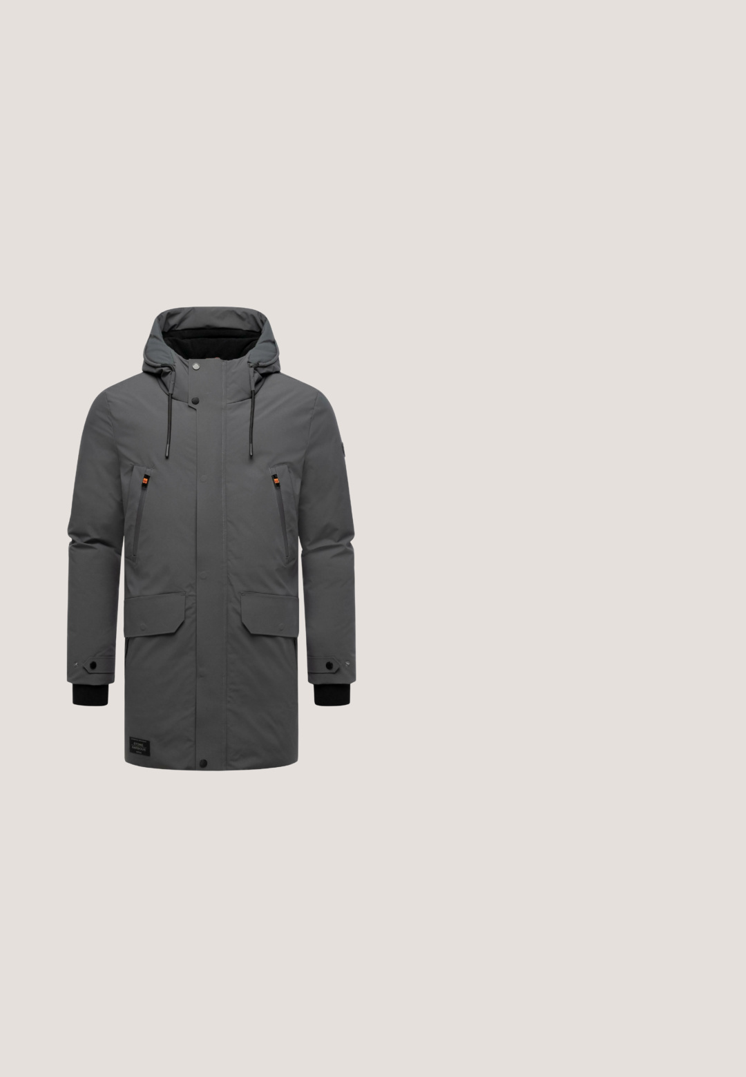 Parka gris con capucha, hecha de material texturizado. Cuenta con dos bolsillos frontales, cordones ajustables y un parche de marca en el dobladillo.; Sudadera con capucha gris, con un patrón de punto texturizado, puños y dobladillo de canalé, y cuerdas negras para la capucha.; Camiseta de manga corta azul oscuro hecha de una tela suave. Presenta un cuello redondo y una textura lisa, con un diseño minimalista.; Vaqueros gris oscuro de pierna recta con cierre delantero de botón y cremallera, bolsillos delanteros y traseros, y trabillas para cinturón.; Botín de cuero negro hasta el tobillo con diseño de cordones, acentos texturizados y suela resistente. Presenta una pestaña en la parte posterior y una marca en la parte trasera.; Bolsa mensajera de piel negra con un diseño plano, cierre de solapa magnético, correa de hombro ajustable y un sutil detalle de logotipo en relieve.