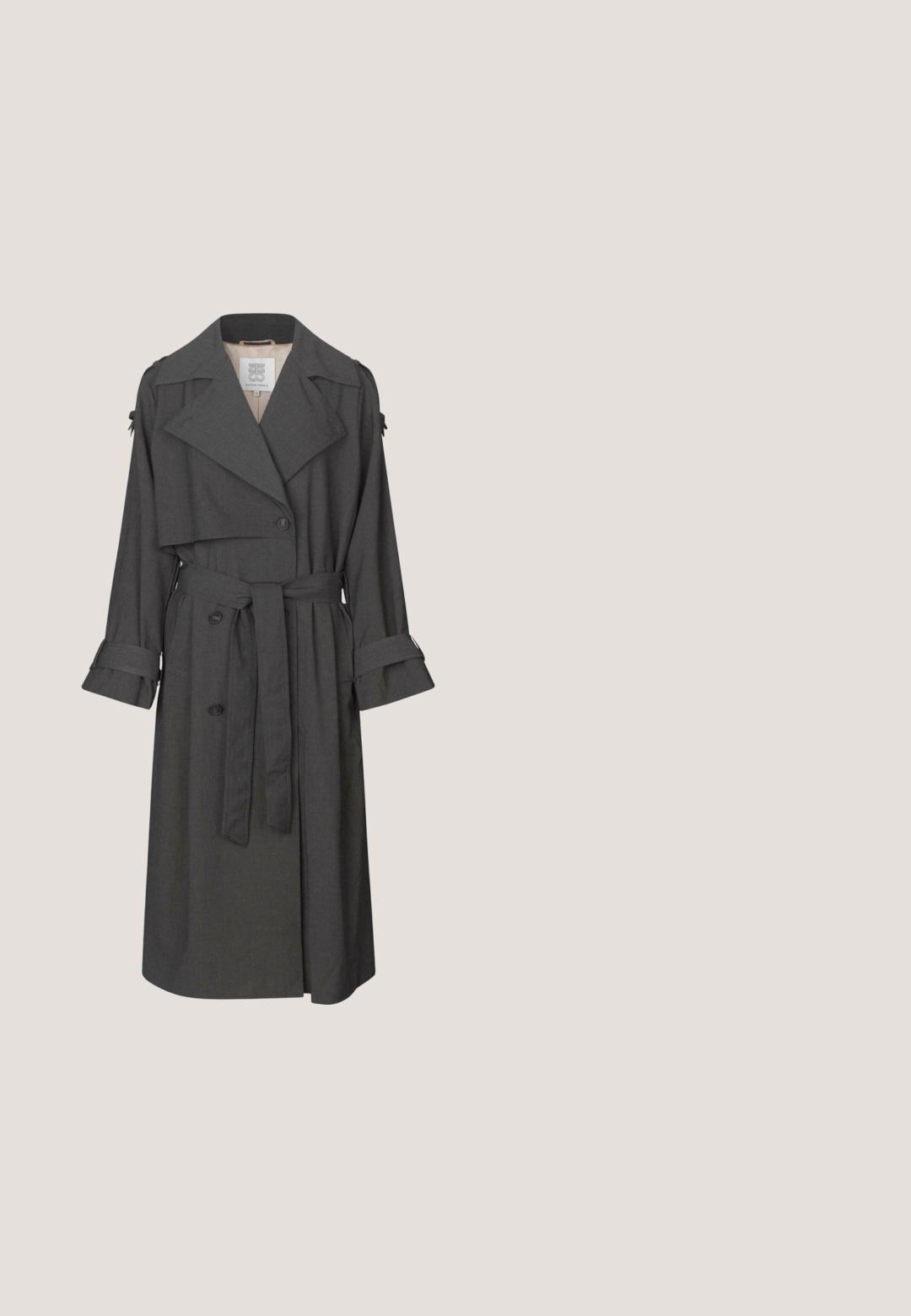 Grå trenchcoat med dobbelbrystet front, bælte i taljen, brede kraver og manchetter. Har en glat tekstur og skræddersyet design.; Hvid langærmet bluse med Peter Pan krave, sort satin butterfly ved halsen og perleknapper foran.; Sort knælang pencilskirt med front lodret panel og to rækker af seks gyldne dekorative knapper.; Sort læderpumps med spids tå og lav, firkantet hæl. Glat tekstur, diskret glans og uden synligt beslag eller pynt.; Sort læderhåndtaske med tophåndtag, aftagelig skulderrem og gyldent rektangulært spænde på den forreste klap.; CASH-MERE MIT CARO STYLE UND TOUCHSCREEN TAUGLICH - Handsker - schwarz