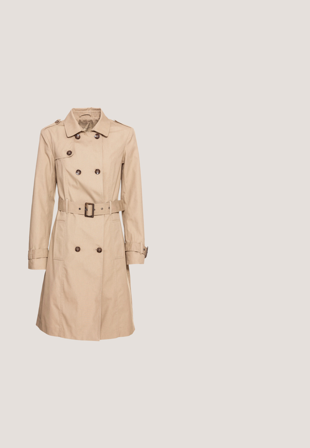 Soyaconcept SC-LORA 5 - Trenchcoat - camel; Langærmet sort og hvidt vandret stribet ribbet skjorte med rund halsudskæring og bølgede kanter på ærmer og kant.; Sorte skinny jeans lavet af denim, med høj talje, fem lommer og knaplukning. Glat tekstur med subtile stikningsdetaljer.; Hvide lædersneakers med sort gummiv V-logo. Tekstureret off-white sål, hvide snørebånd og bagside med brandnavn i sort.; Sorte rektangulære solbriller med mørkt tonede linser, tyk plastramme og brede stænger. Glat overflade og kantet design.; Guldfarvede hoopsøreringe med to sammenkoblede cirkler og en struktureret overflade. Designet med en glat og sikker bagbeklædning.