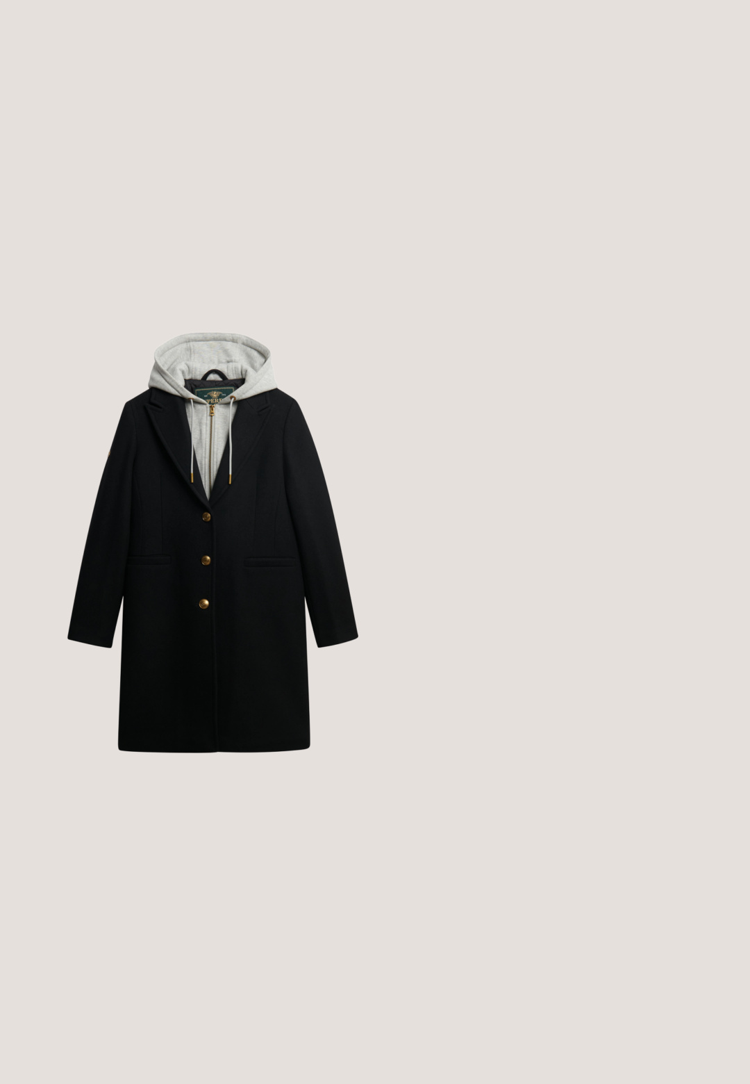 Manteau noir avec une capuche grise attachée. Présente un design ajusté, des revers notched, des boutons dorés et des poches avant.; Un pull col roulé noir en tricot doux, doté de manches longues et d'une coupe décontractée. Texture lisse sans motifs ou accents visibles.; Gros plan sur un tissu noir texturé avec des coutures visibles et de douces plis mettant en valeur son motif tissé et sa surface moelleuse.; Bottes de cheville en suède noir avec un bout pointu et un talon bloc de hauteur intermédiaire. Présente des panneaux latéraux élastiques pour un enfilage facile. Texture lisse.; Sac à main noir en forme de trapèze avec deux poignées arrondies, texture lisse et détails de coutures subtiles sur fond blanc.; Rosefield HUGGED BANGLE - Bracelet - Gold-coloured