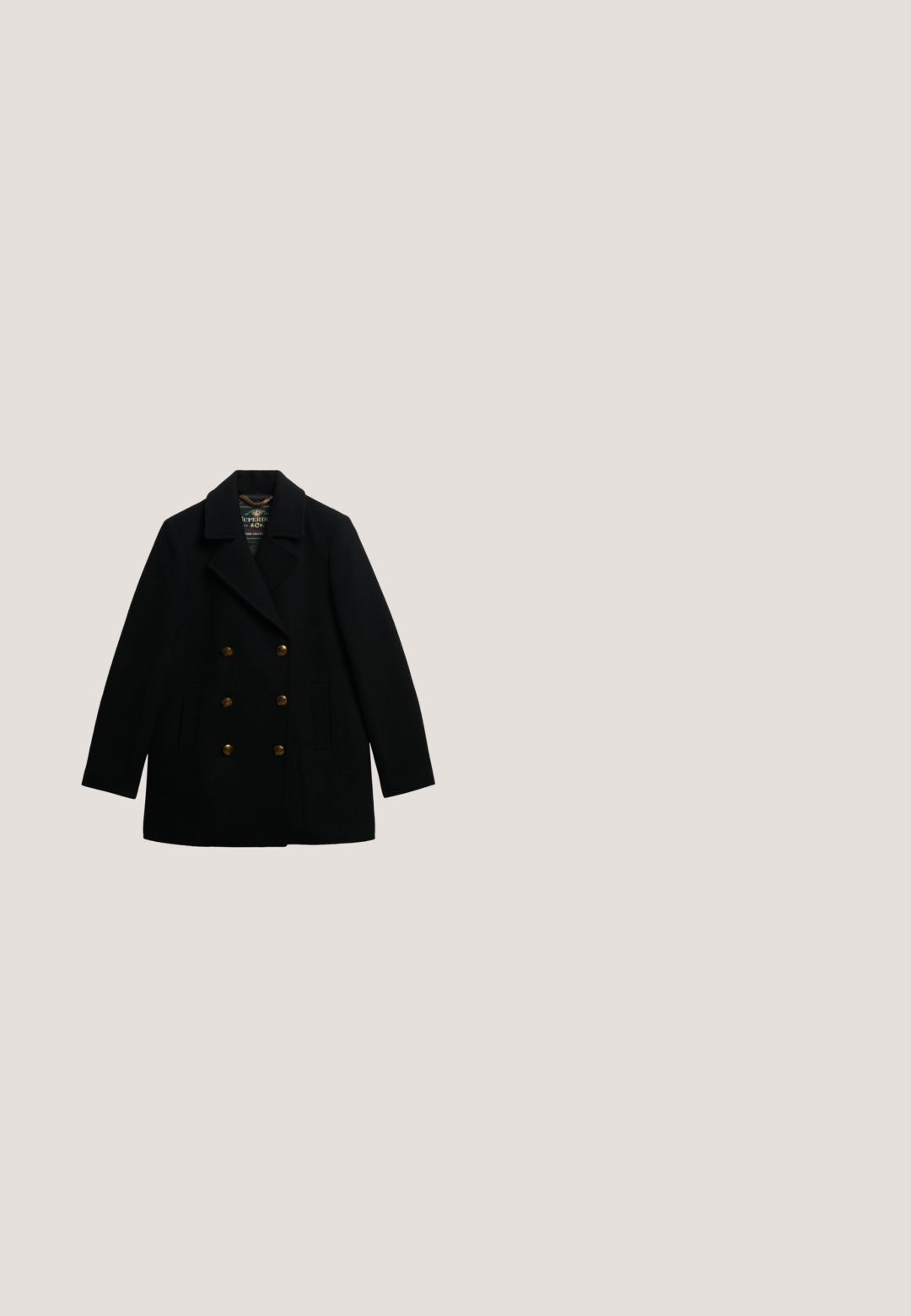 Sort uldfrakke med dobbeltknapdesign, stor krave, guldbuttons og to sidelommer. Tekstureret stof og skræddersyet pasform.; Sort kjole med lange ærmer, der har et blandet monochromt abstrakt mønster. Udsvinget nederste kant og blød stoftekstur. Mærket er synligt.; Sort læder cowboy støvle med spids tå, dekorativ syning og en mid-høj blokhæl. Har broderede blomstermotiver på skaftet.; Store sorte firkantede solbriller med gradient grå linser og ALDO-logo i guld på stængerne, vist på en hvid overflade.; BALAGAN ROFE NEW LOGO - Skuldertasker - black braid; Tynd guldkæde med fem jævnt adskilte rektangulære sorte sten og en lille justerbar kæde med lås på en hvid baggrund.