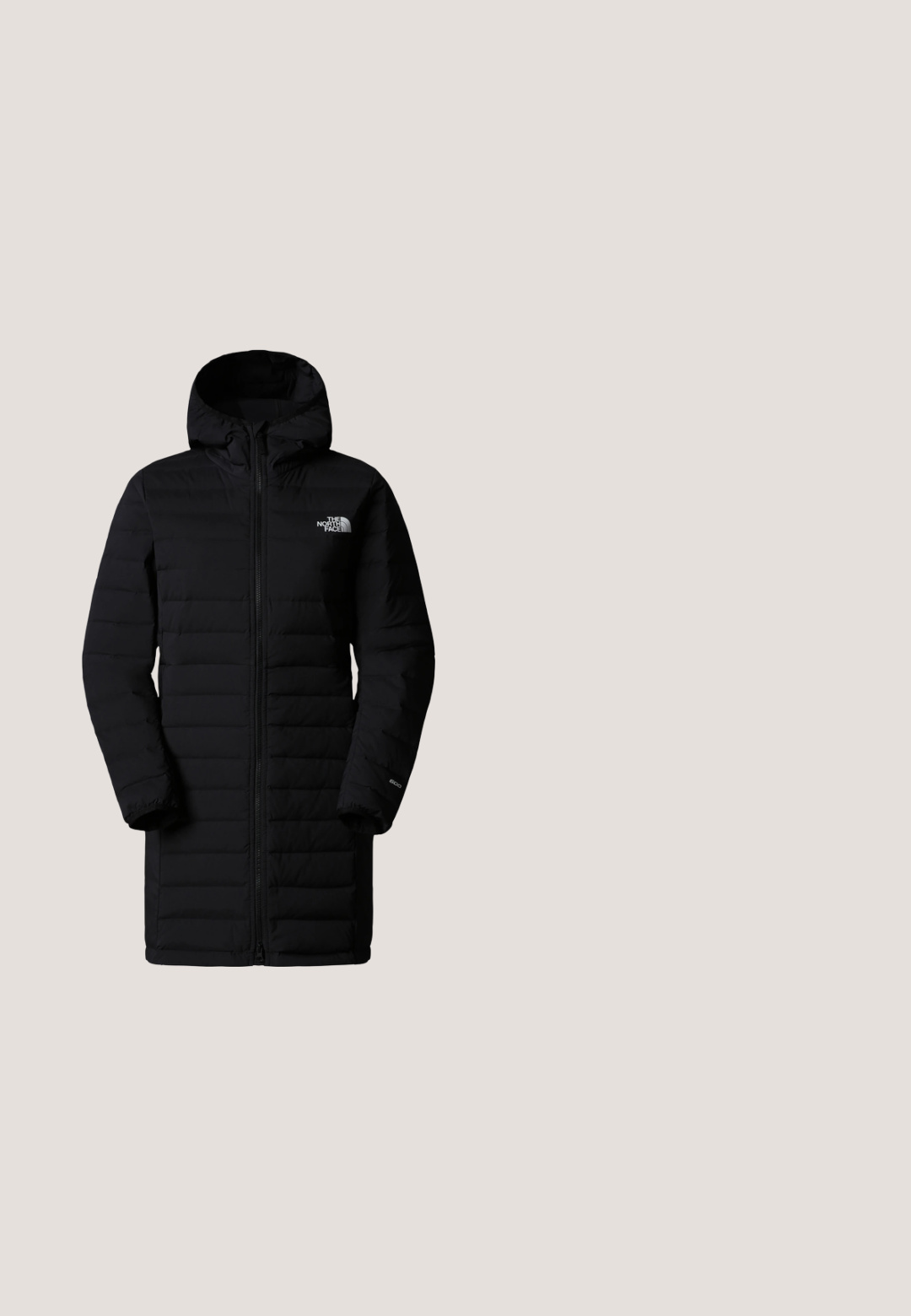 Sort hættepufferjakke med lynlås foran, med quiltet design, lange ærmer og logo på venstre øverste side. Glat tekstur.; The North Face TNF FLEESKI - Fleecetrøjer - white dune; The North Face W EASY L/S CREW NECK - Langærmet T-shirt - tnf black; Sorte leggings med høj talje, lavet af et glat, strækbart stof. Et lille hvidt logo er placeret på det nederste ben.; Vandre støvle i olivengrøn og beige ruskind, med metaløjer og flerfarvede snørebånd. Gummisål med distinkt mønster.; Sorte plastiksolbriller med en wraparound-design, grå linser og buede arme. Inkluderer logo på den indre arm. Mat finish.