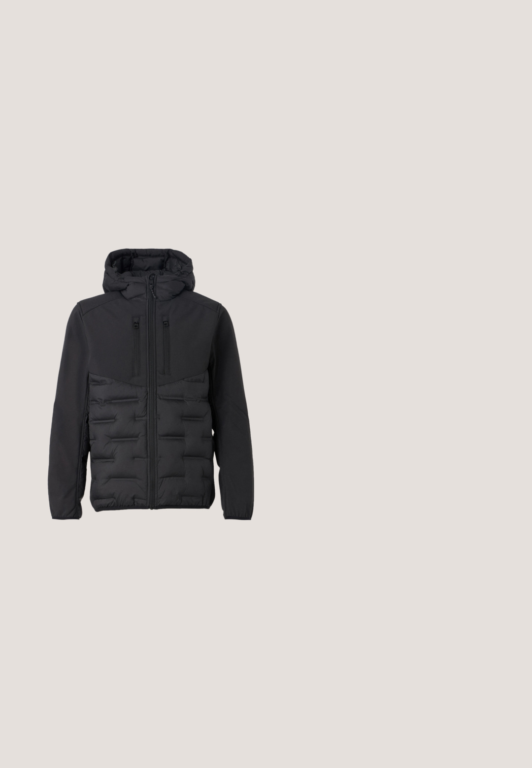 TOM TAILOR DENIM HYBRID - Jas - black; Paarse v-hals trui gemaakt van zachte stof. Heeft lange mouwen, geribbelde manchetten en zoom, met een klein geel logo op de linkerborst.; Marineblauw poloshirt met lange mouwen van katoen, met een klassieke kraag, een drieknopenplooi en een klein logo op de borst.; Slim-fit herenkleedbroek in blauwgrijs met een subtiel ruitpatroon, voorste knoop, riemlussen en een vlak ontwerp aan de voorkant.; Zwarte leren Chelsea-laars met donkergroene elastische zijpaneel en zwarte treklip op de hiel, platte zool en ronde neus.; Zwarte rechthoekige crossbodytas met gestructureerde voorzak, ritssluitingen, verstelbare band en subtiele logo-opdruk op het gladde bovenste gedeelte.