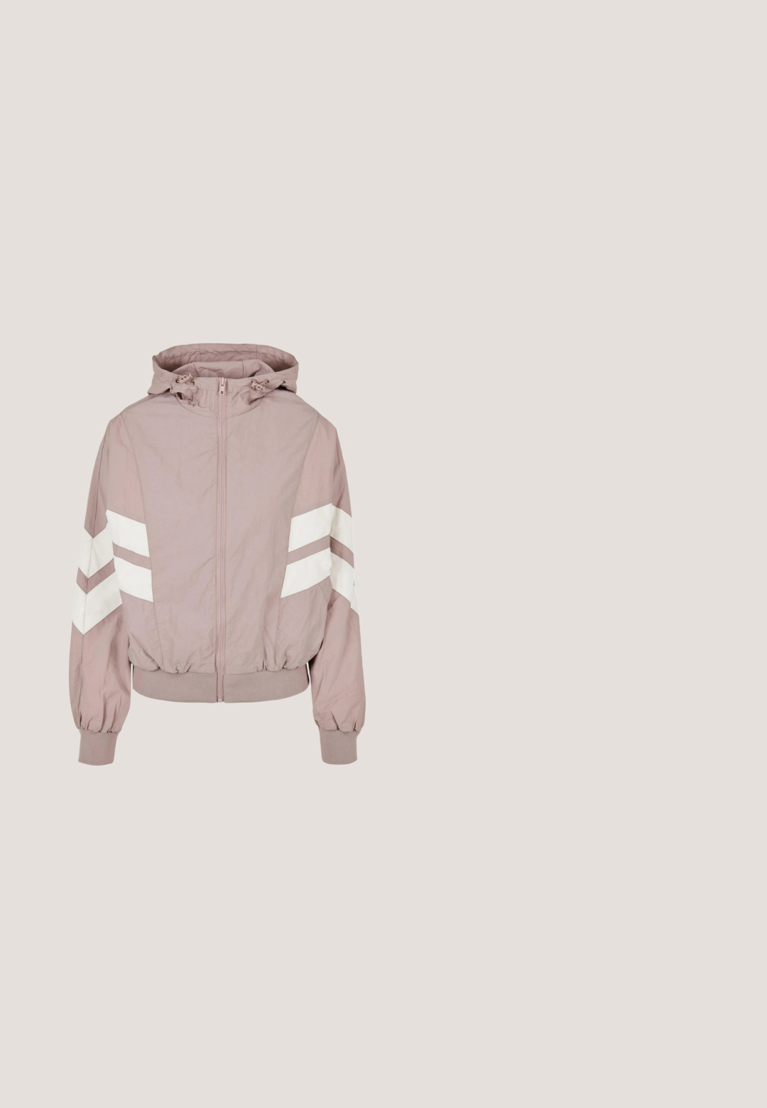Licht mauve capuchonjas met volledige voorsluiting, elastische boorden en zoom, en witte chevronstrepen op beide mouwen.; Geknipt sweatshirt van zacht taupe stof. Met een ronde halslijn, lange mouwen en een reliëf "adidas" logo op de voorkant. Gladde textuur.; Beige sportieve cropped t-shirt met korte mouwen, geribbelde onderzijde en subtiele logo op de borst. Soepele textuur, aansluitend ontwerp.; Beige legging gemaakt van rekbare stof met een hoge tailleband; gladde textuur, aansluitende silhouet, geen zichtbare patronen of hardware details.; Beige mesh sneaker met dikke witte zool, veters aan de voorkant, trek-lussen op de tong en hiel, en subtiele merkdetails op de hiel.; Beige heupzak gemaakt van glad nylon met een afgeronde vorm, voorzien van een wit logopatch, een verstelbare band en zilverkleurige hardware.