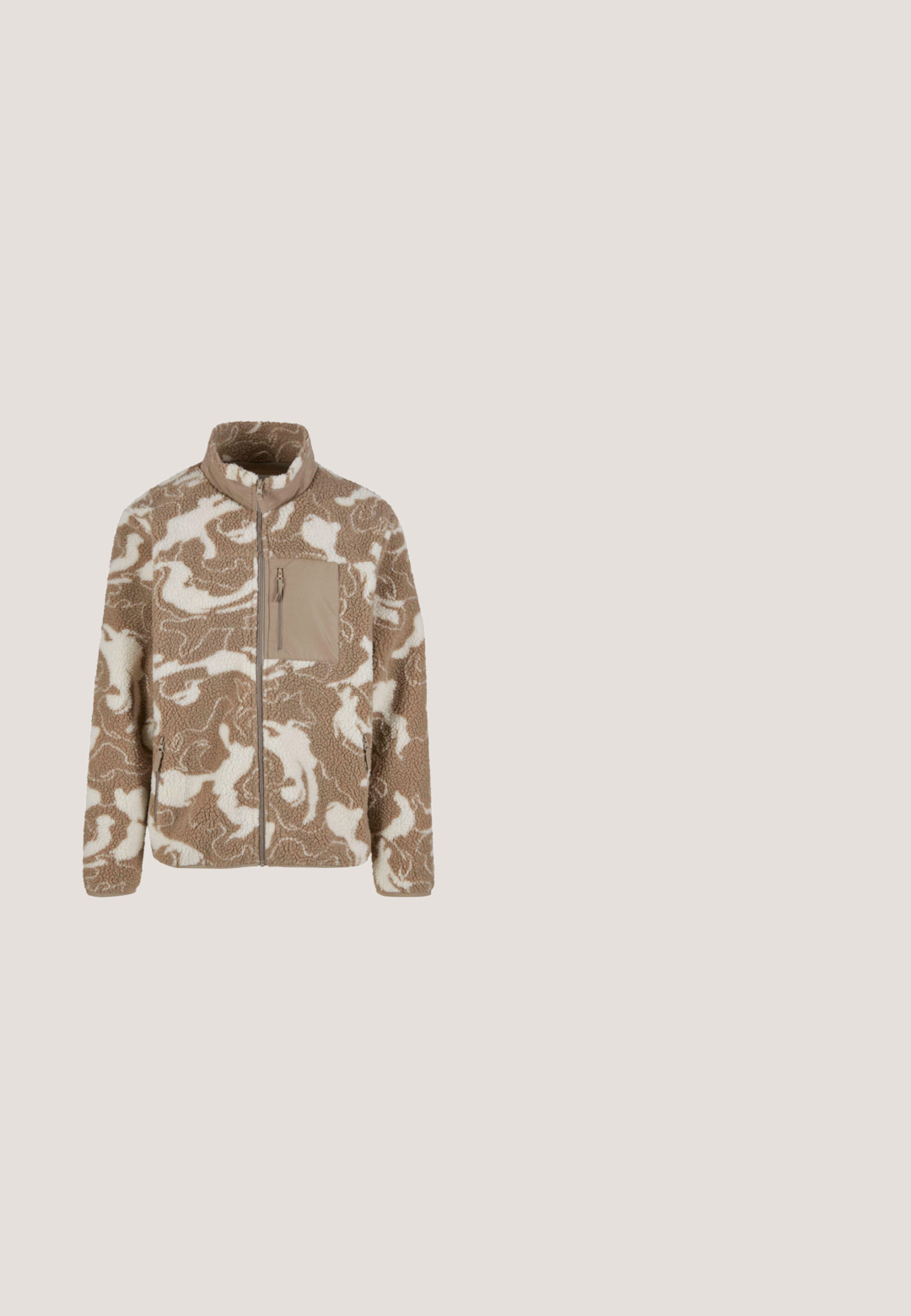 Braun- und cremefarbener Fleece-Jacke mit abstraktem Muster, hohem Kragen, Frontreißverschluss und Brusttasche. Weicher Stoff mit lässiger Passform.; Beige Kapuzenpullover mit verstellbarem Kordelzug, vordere Kängurutasche und in weißem Faden gesticktem "KANI". Baumwoll-Mischgewebe mit glattem Griff.; Kurzärmliges, übergroßes T-Shirt aus hellbrauner Baumwolle mit einer subtilen, leicht verblassten Textur und weißem Logo auf der Brust.; Beige Cargo-Hosen mit einem elastischen Bund und Kordelzug, ausgestattet mit Seitentaschen und einer lockeren Passform. Hergestellt aus leichtem Material.; Braune Leder-Ankle-Boots mit Metallösen, weißem Kunstfellfutter, schwarzem gepolstertem Kragen, robustem Sohlenprofil und geprägtem Logo an der Seite.; Gürteltasche mit einem cremefarbenen Canvas-Außenmaterial, das ein geometrisches, tanfarbenes Muster aufweist, schwarzen Reißverschlüssen und einem verstellbaren schwarzen Gurt.