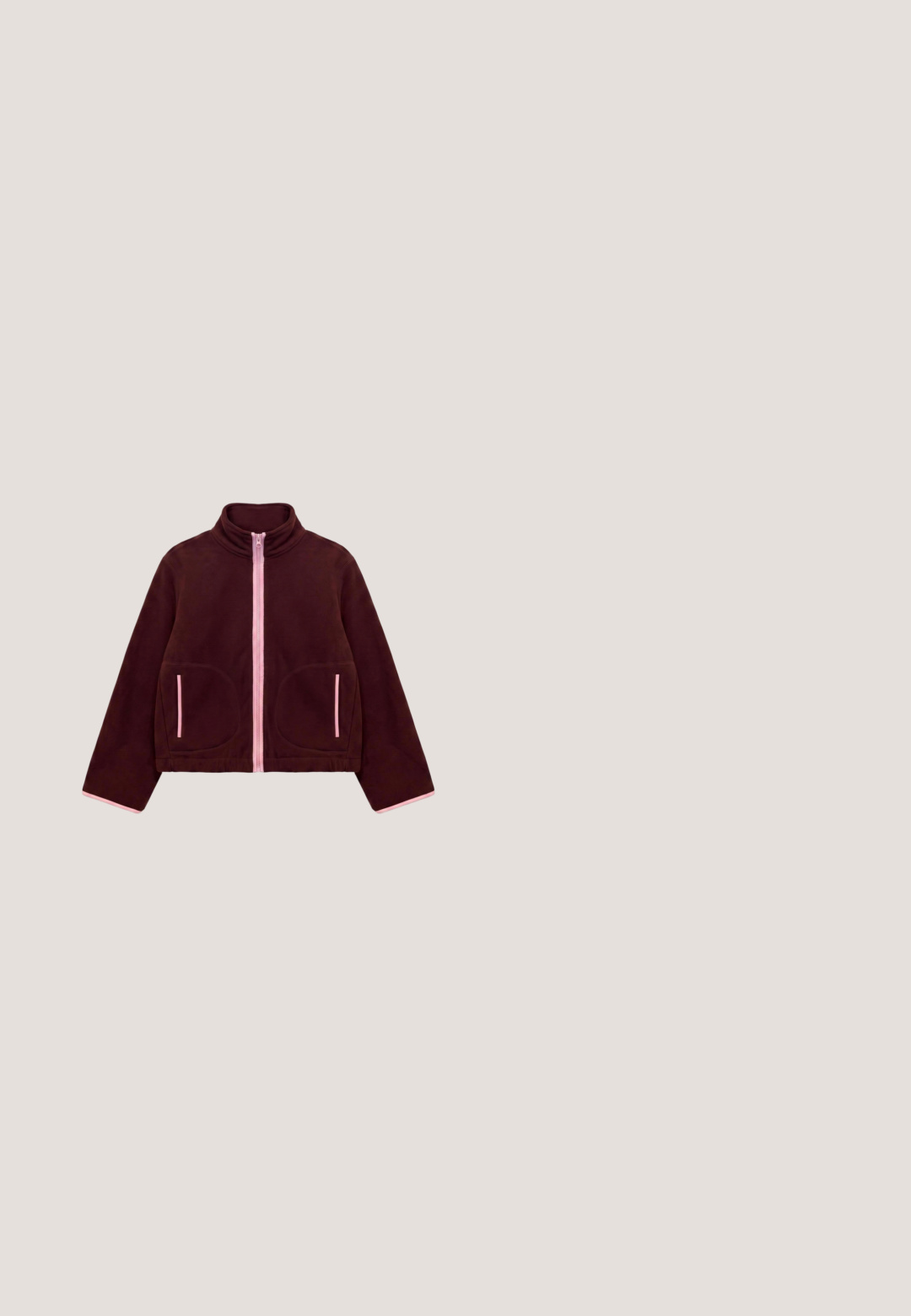 Dark burgundy long-sleeve jacket with high collar, elastic waistband, and light pink trim on sleeve cuffs, shown from the back.; Dark red Adidas sweatshirt with long sleeves, ribbed cuffs and hem, and a V-neck collar. The Adidas logo is embroidered on the chest.; Maroon short-sleeve sports shirt with white stripes on shoulders and small Adidas logo centered on chest.; High-waisted, full-length burgundy leggings with side pockets and visible stitching down the legs laid flat on a white background.; Burgundy athletic shoes with a smooth suede upper, diagonal stitching, and three striped accents on the side. Rounded toe and low profile.; Maroon half-moon shoulder bag with adjustable strap and subtle embossed logo on the front, zipper closure at the top.