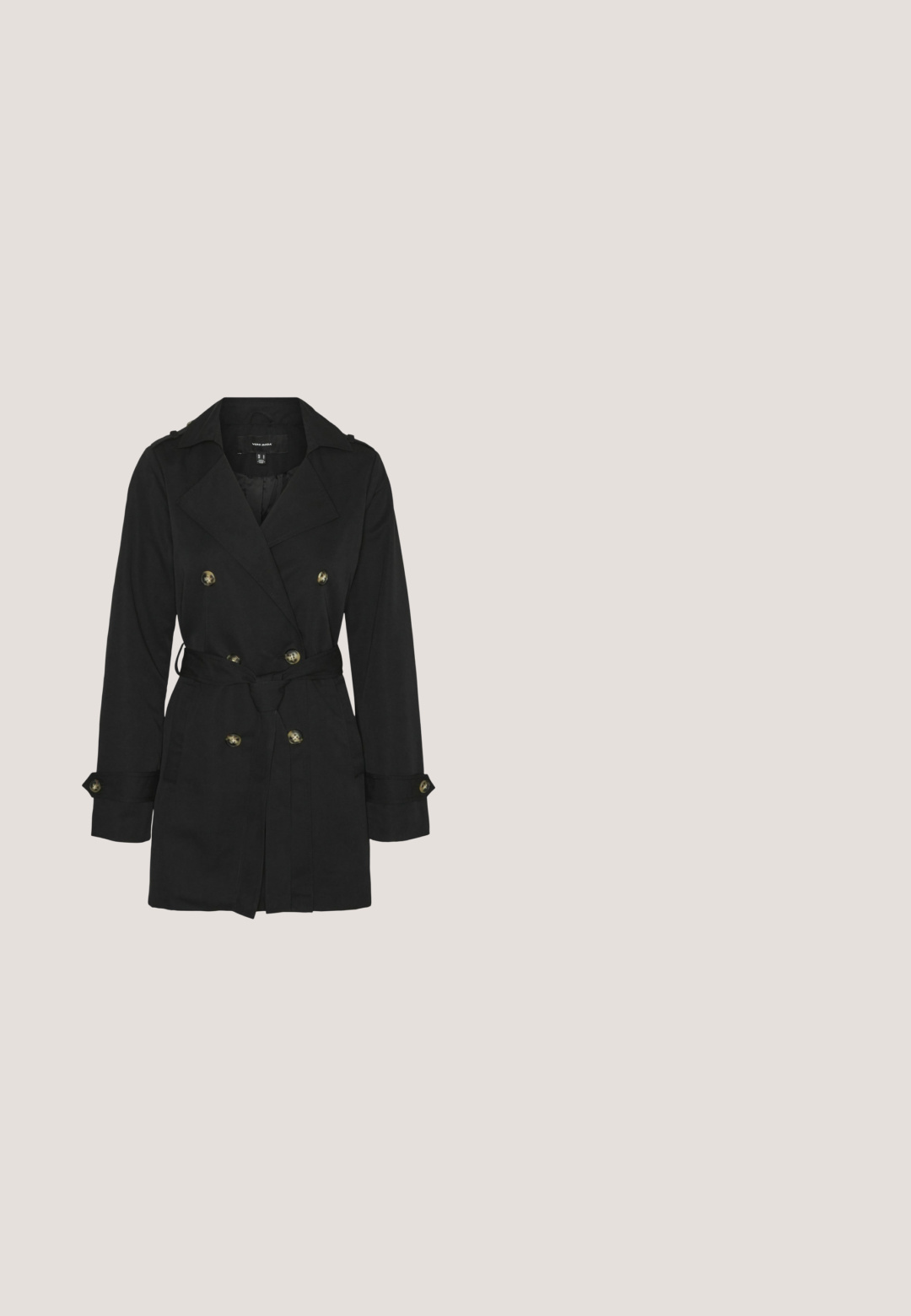 Zwarte trenchcoat met een dubbelzijdig ontwerp, gouden knopen, riem in de taille en schouderepauletten. Gemaakt van lichte stof.; Witte blouse met lange mouwen, een geplooid lijfje en pofmouwen die bij de polsen zijn samengepakt, afgebeeld op een effen achtergrond.; Zwarte wijde pantalons met een gladde textuur, voorzien van een klassieke tailleband, twee frontzakken en een strakke, verzorgde uitstraling.; Tamaris CHELSEA - Enkellaarsjes met plateauzool - black leather; Zwarte suède schoudertas met verstelbare leren riem, gouden gesp en ronde leren label met het logo "PICARD" erin geperst.; Gouden ketting met een vlak, flexibel ontwerp. Het heeft een gladde textuur, slank profiel en een verstelbare ketting voor lengteaangepast.