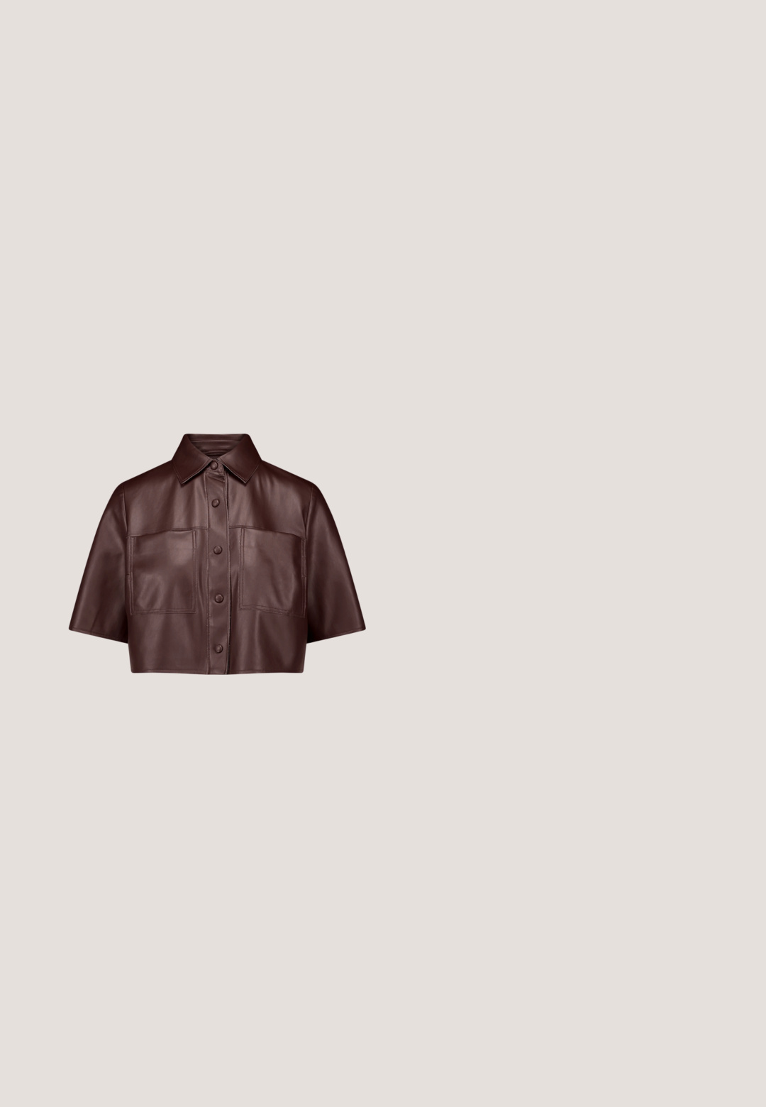 Donkerbruine korte leren jas met korte mouwen, een kraag, drukknoopsluiting aan de voorkant en twee grote borstzakken.; Donkerbruin poloshirt met korte mouwen, gebreid met een gestructureerd verticaal patroon en drie knopen aan de voorkant.; Donkerbruine A-lijn rok met een aangesloten tailleband, gemaakt van een glad, gestructureerd stof, weergegeven op een witte achtergrond.; Bruine leren enkellaars met krokodillenstructuur, spitse neus en een korte, stabiele hak. Voorzien van een zijrits voor sluiting.; Donkerbruine leren handtas met gevlochten handvat en zilveren rits, middelgroot, rechthoekige vorm, klein logo gecentreerd vlak bij de onderkant.; Rode stenen halsketting met kleine, ronde kralen en een gouden sluiting. De kralen zijn glanzend met een regelmatig patroon, licht van gewicht en flexibel in ontwerp.