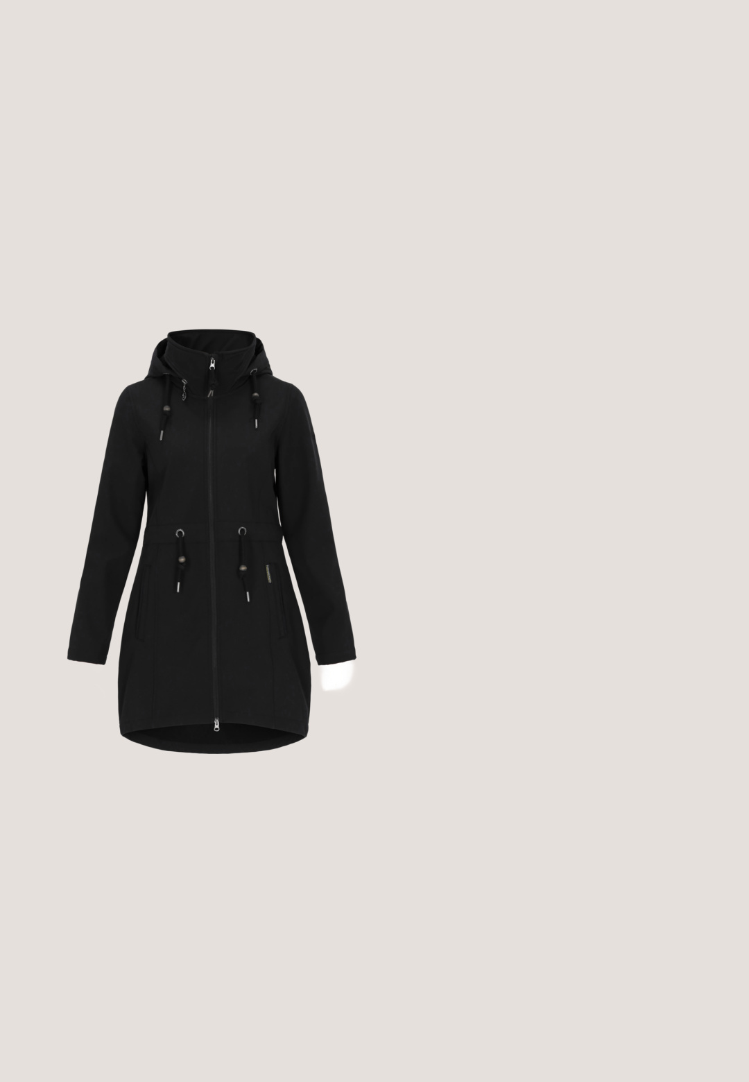 Manteau noir avec un devant zippé, une capuche ajustable et une taille avec cordon de serrage. Il présente deux poches latérales et un ourlet légèrement arrondi.; Chemise noire à manches courtes avec un motif floral et de plumes argenté, un col rond et un tissu doux et texturé.; Pantalon noir droit avec passants de ceinture, bouton devant, fermeture éclair et deux poches avant, présenté sur un fond blanc uni.; Ballerines en cuir noir avec un bout rond, texture lisse et un bord légèrement élastiqué pour le confort. Semelle en caoutchouc pour une meilleure adhérence.; Gabor CHARLOTTE SCHULTER - Sac à main - dark grey; DIAMANT L'ÉTERNEL Collier - white