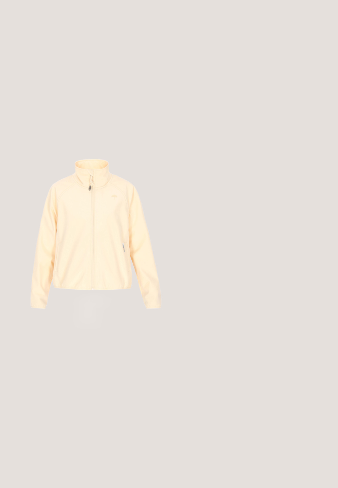 Lichtgele zip-up jack met een staande kraag, gemaakt van gladde stof, met zijzakken en een subtiele logo op de borst.; Korte mouwen T-shirt van licht materiaal met horizontale strepen in wit, lichtblauw en zachtgeel, voorzien van een ronde halslijn en logodetail.; Witte denim minirok met hoge taille, vooraan knopen en rits, riemlussen en twee voorzakken.; Witte canvas sneakers met een muntgroene accent bij de hiel, ronde neus, gumrubberen zool en vetersluiting. Logo aan de buitenzijde.; Draagtasje met lichtgroene hengsels en groot lichtgeel tropisch bladmotief op een gedempte groene achtergrond.; Goudvergulde armband met turkooizen kralen. Heeft een schakelkettinkje en gouden accenten, een combinatie van ronde en ovale vormen.