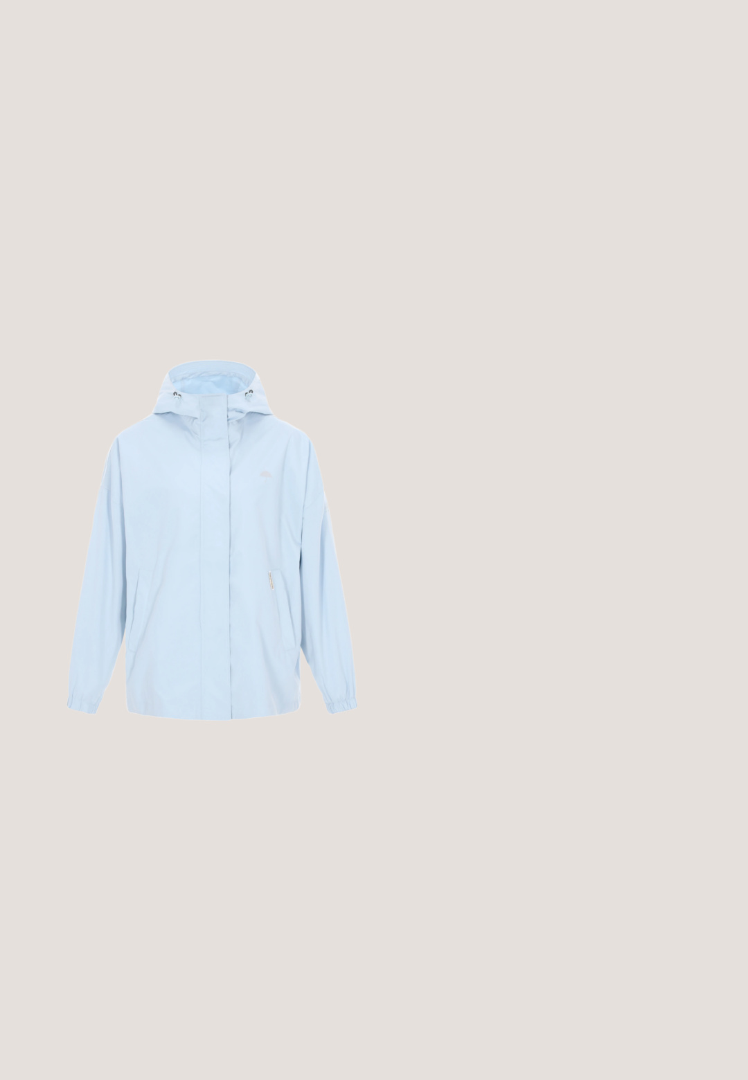 Lichtblauwe windjack met capuchon. Heeft elastische manchetten, voorzakken en een subtiel logo. Gemaakt van lichtgewicht, waterafstotend materiaal.; Lichtblauw cropped jack met rits, lange mouwen, witte zijstrepen, geribde boorden en kraag, gepresenteerd op een effen achtergrond.; Lichtblauw geribbeld topje met korte mouwen en een ronde hals, voorzien van witte strepen op de manchetten en een klein accentdetail bij de schouder.; Lichtblauwe legging van geribbelde stof met een aansluitend ontwerp en een contrasterende brede tailleband met twee witte strepen.; Lichtblauwe sport schoenen met een gestructureerde bovenkant, witte zool en gouden accentstrepen. Kenmerken zijn onder andere veters en een trekhaak aan de achterkant.; Lichtblauwe gewatteerde laptoptas met dubbele handvatten en een afneembare schouderriem, met een klein embleem in de onderste hoek.