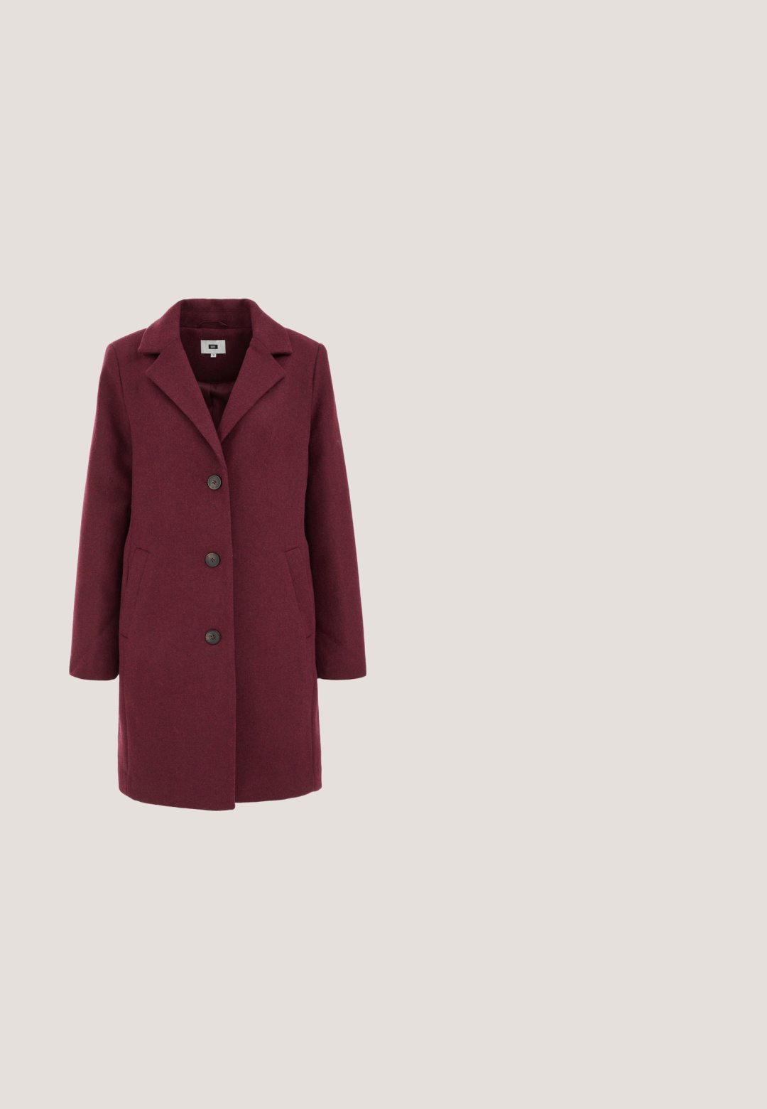 Bordeaux uldfrakke med notched krave, enknaps design, tre sorte knapper og sidelommer. Glat tekstur og knælang.; VILA Knitted VIAMANDA Turtleneck - Strikkjoler - cabernet; Blank mørkerød Mary Jane højhælet sko med rund tå og spænde over toppen, vist på hvid baggrund.; Burgundy cat-eye solbriller med mørke linser, glatte plaststel og guld accenter på siderne. Stilfuldt og vinklet design.; Mørkebrun skuldertaske i læder med fletdet kvast, gulddetaljer og Anna Field-logo foran mod en ensartet lys baggrund.; Øreringe i guldfarvet tekstureret halvbøjle med stift og sommerfugle-lukkemekanisme på en ensartet hvid overflade.