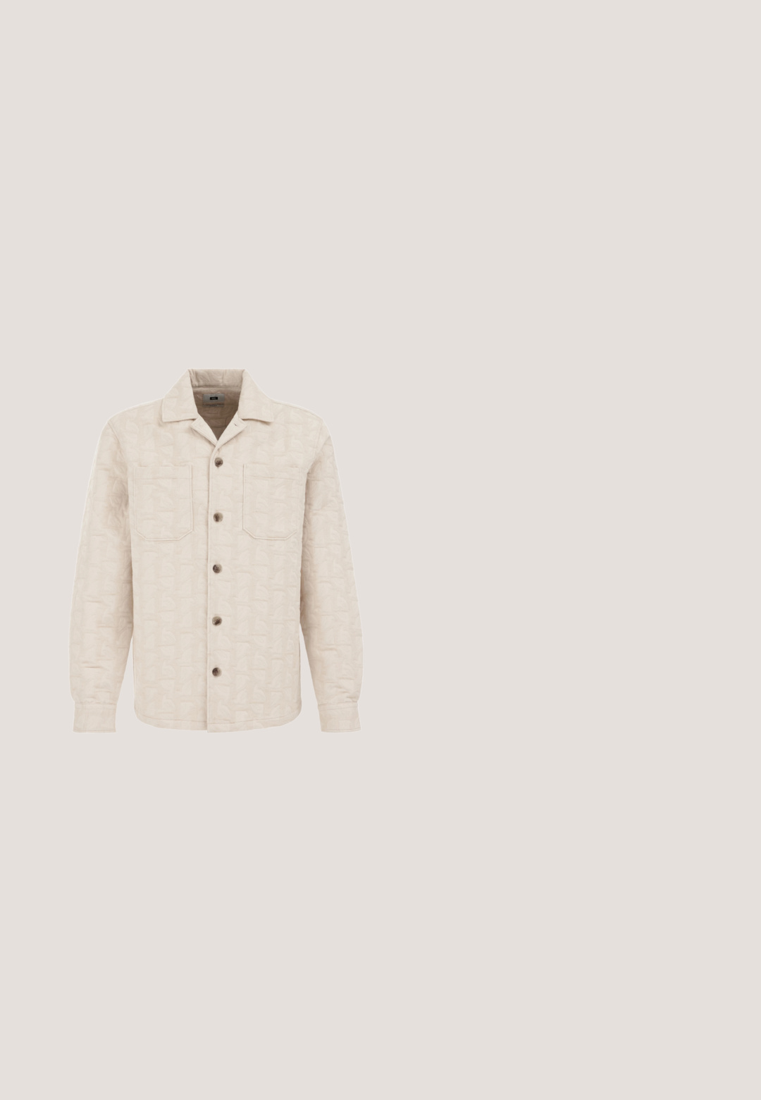 Beige doorgestikt jack met een subtiel patroon, voorzien van een overhemdkraag, twee borstzakken en bruine knopen aan de voorkant.; Blend BHELKON WAFFLE - Poloshirt - vanilla ice; Beige geribde stoffen short met een elastische tailleband en een gestrikt trekkoord aan de voorzijde in het midden.; Bruine suède desert boots met een ronde neus, minimale stiksels, twee oogjes en een lichtbruine rubberen zool. Over het algemeen een gladde textuur.; Bronzen metalen zonnebril met octagonale donkere lenzen, dunne goudkleurige montuur en zwarte kunststof armen met een gegraveerd logo.; Bruine leren toilettas met een rechthoekige vorm, voorzien van een hoofdvak met rits en een voorkant met een ritszak. Textuur oppervlak en zijhandgreep.