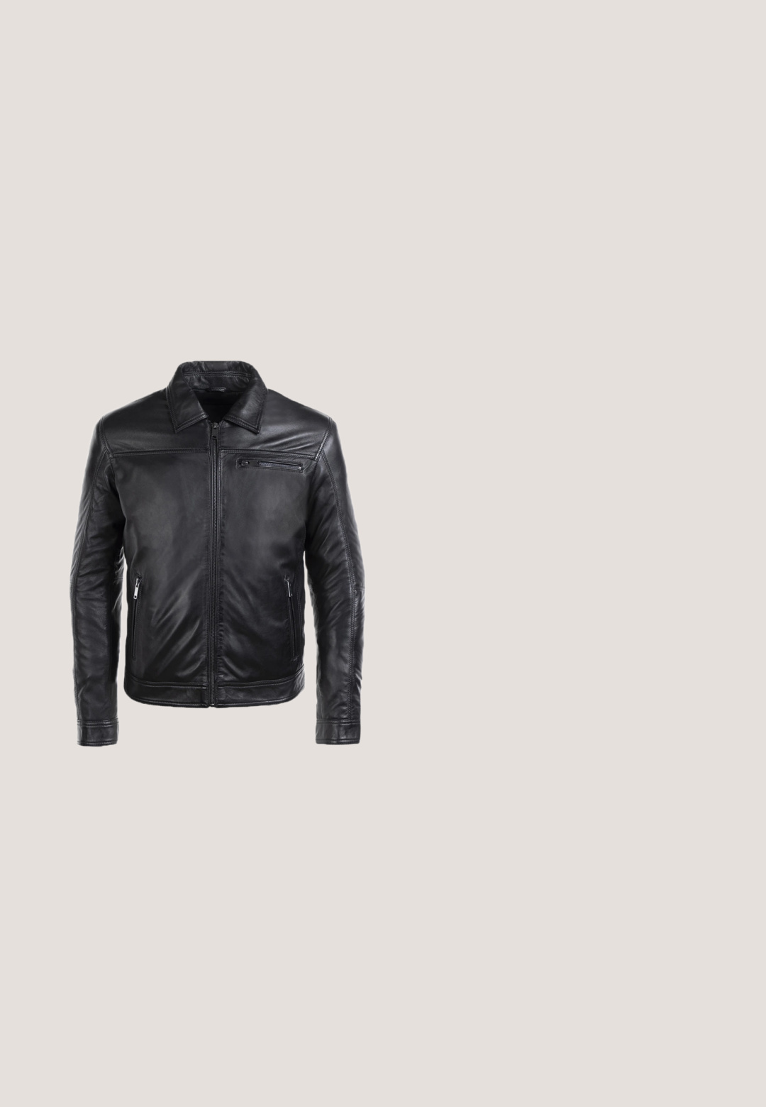 Chaqueta de cuero negro con cierre frontal de cremallera, cuello puntiagudo y dos bolsillos laterales. La textura suave presenta un sutil detalle de costura.; Camisa de manga larga azul marino con un patrón de cruces blancas, cuello abotonado, botones en la parte frontal y una tela de textura suave.; Chinos azul marino hechos de una mezcla de algodón, con un diseño de pierna recta, bolsillos frontales, cierre de cremallera y una cinturilla con un solo botón.; Botas cortas de cuero marrón con acabado liso, diseño con cordones, puntera redondeada y suela de goma negra contrastante con detalle en rojo.; Cinturón tejido negro con un acabado de tela texturizada, que presenta una hebilla de metal gris y un lazo para asegurar la correa.; Fossil DERRICK PASSCS SET - Funda para tarjeta de visita - dark brown