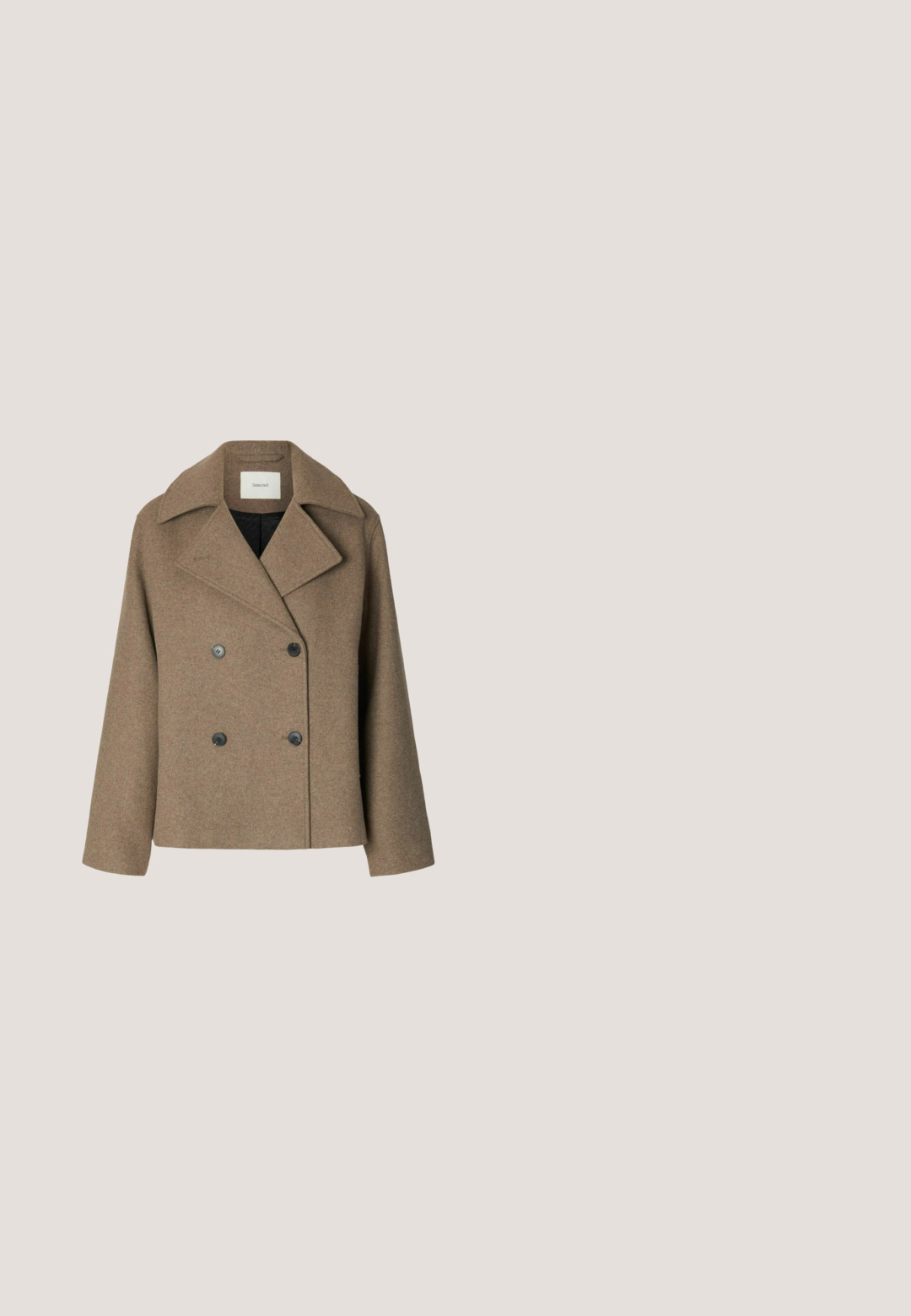 Manteau en laine marron à double boutonnage avec de larges revers et quatre boutons noirs, présenté sur fond blanc.; EDITED Pullover - braun rostbraun; Chemise en velours côtelé bordeaux à manches longues avec boutons devant, poche poitrine, col pointu et texture subtile à rayures verticales.; Pantalon taille haute marron foncé avec une coupe décontractée, devant plissé et jambe fuselée, présentant une texture lisse et sans matériel visible.; Mocassin en daim bordeaux avec détail pompon à l'avant, semelle en caoutchouc noir basse et petit talon, présenté de profil sur fond blanc.; Petit sac bracelet en cuir violet foncé avec haut froncé, cordon tressé et bandoulière ajustable présenté sur fond blanc.
