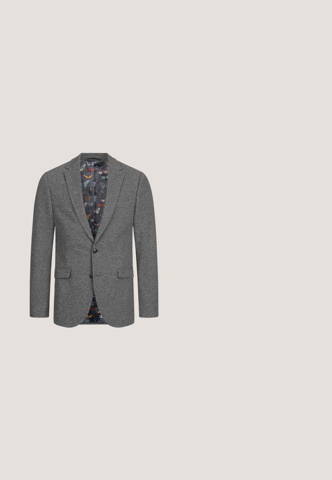 Grå tekstureret blazer med to-knap front, slagkraver og farverigt sommerfugleprint-fôr. Indeholder frontlommer.; Hvid langærmet skjorte med knaplukning og lomme, lavet af en tekstureret stof og med en kontrasterende blå inderkrave. Klassisk pasform design.; Grå skræddersyede bukser lavet af struktureret stof, med en standard talje med bæltestropper, lynlåsfront og enkelt knappelukning.; Sort herre læder oxford sko med wingtip brogue detalje og stofpaneler, snøret, med lav hæl og spids tå.; Lyserød slips med et struktureret vævet mønster. Spidsen har kontrasterende blomstret stof med diskrete linjer og en blank finish.; Sort tekstureret læderbælte med sølvfarvet rektangulært spænde, graveret med mærkenavnet Guess.