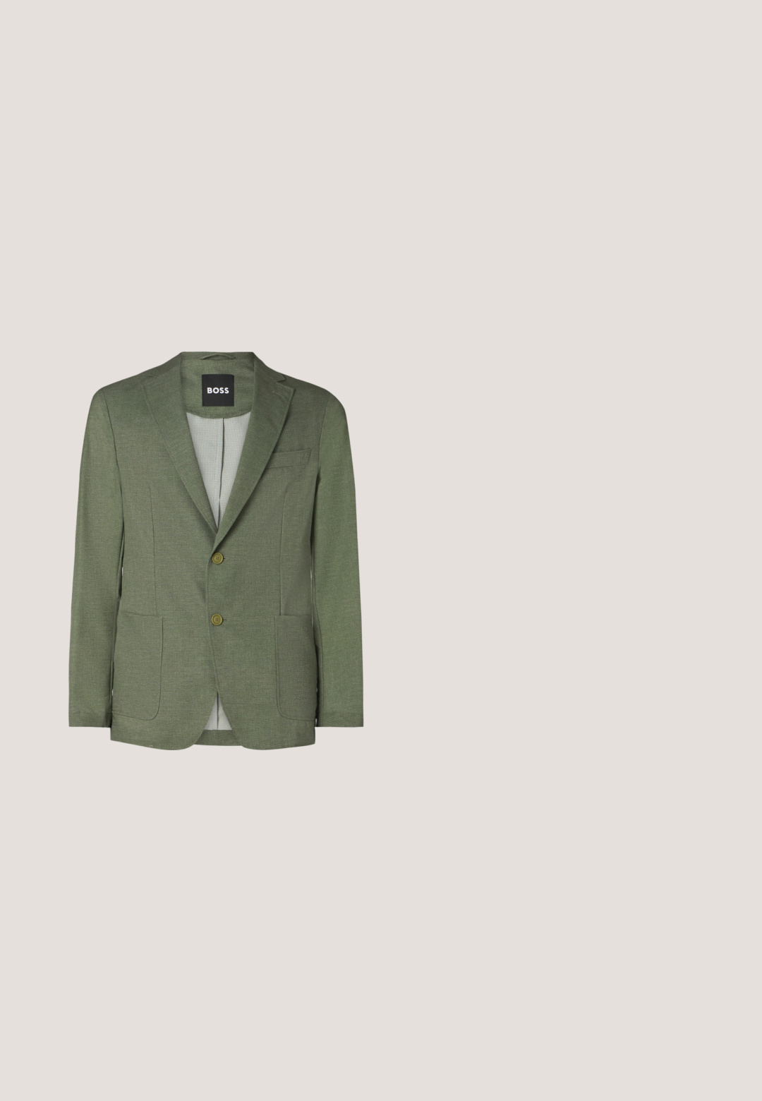 Grøn blazer med et tekstureret stof, slagkraver, to forlommer og lukning med en enkelt knap. Indvendigt har den et ternet mønster.; Hvid skjorte med knapper lavet af glat stof med klassisk krave, lange ærmer og rundet kant. Har beige knapper foran.; Skræddersyede bukser i en mørk teal farve, med en glat tekstur, lige snit, flad front og sidelommer.; Sorte læder snørebåndssko med rund tå, glat finish og diskrete syninger, båret med lyse beige bukser.; Grøn satin butterfly med matchende lommetørklæde, begge med en glat tekstur og ensartet farve, designet til formelle anledninger.; Sort læderbælte med en glat overflade, sølvfarvet metalspænde og en enkelt løkke til justering. Har et rent, klassisk design.