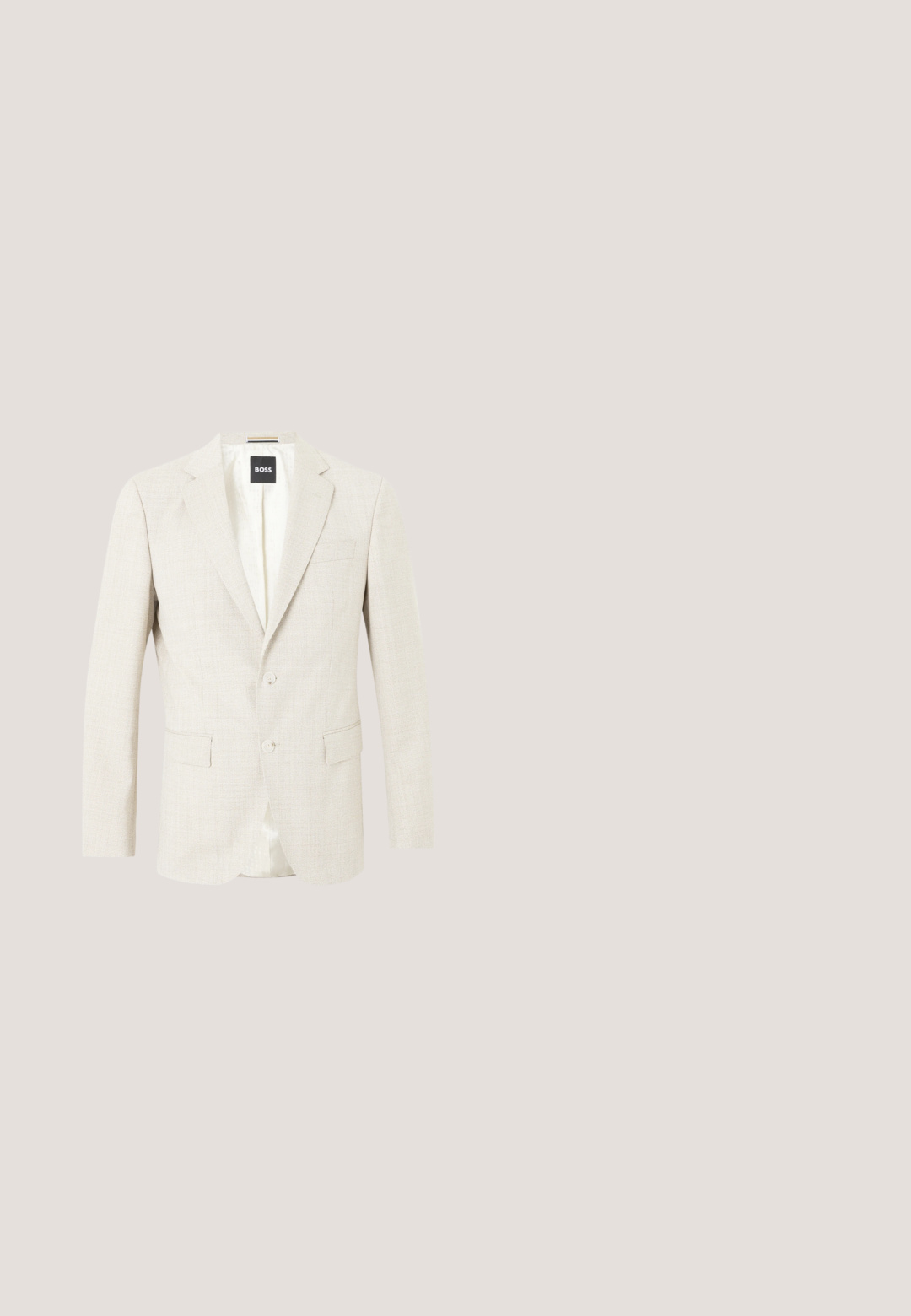 Blazer para hombre color beige claro con dos botones, solapas con muesca, bolsillos con solapa y etiqueta BOSS en el interior del cuello.; Camisa de manga larga azul claro hecha de tela texturizada, con cuello clásico y botones blancos a lo largo de la tapeta frontal.; Pantalones de corte ajustado azul marino con pliegues, hechos de una tela suave. Cuenta con un cierre de botón y un diseño de pierna cónica.; Mocasín de ante azul claro con suela plana marrón, costuras laterales y una correa sobre el empeine, fotografiado sobre un fondo blanco.; Bolsa de tocador rectangular de cuero negro con asa lateral y cremallera, pequeño logo dorado de Calvin Klein en el centro frontal.; Cinturón de cuero marrón con una textura suave, hebilla de metal plateado y un pequeño acento de logotipo en rojo, blanco y azul cerca de la hebilla.