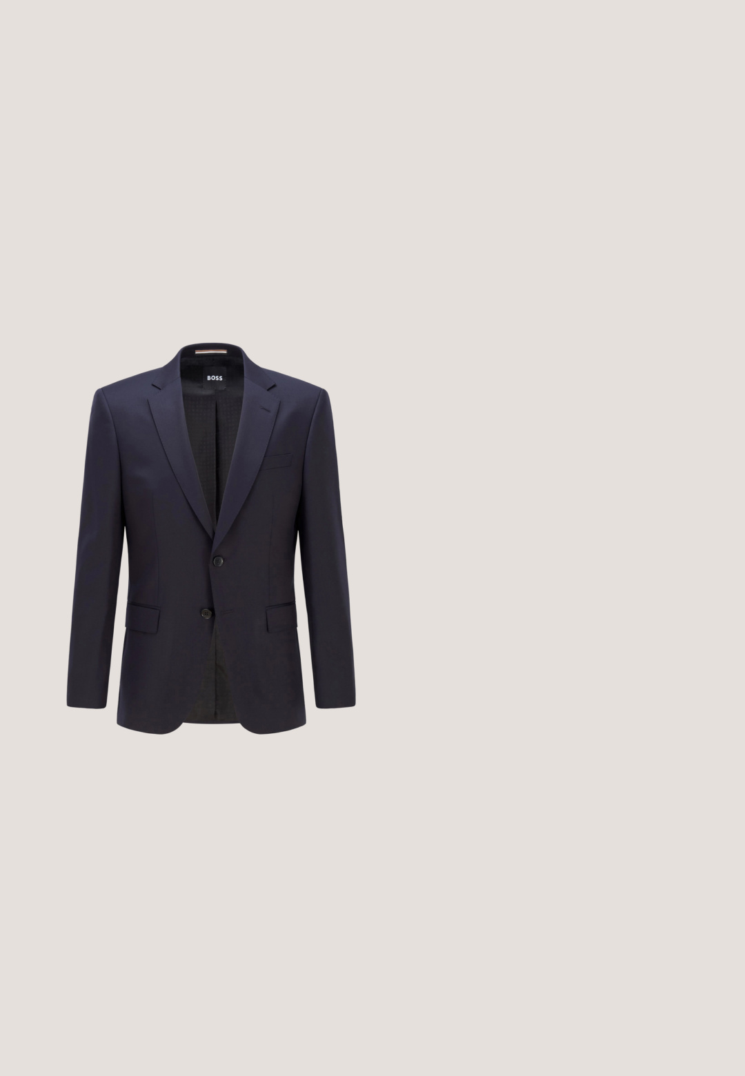 Marineblazer gemaakt van gladde stof met twee knopen, zijzakken en een notch-lapel; heeft een gemêleerde binnenvoering.; Marineblauwe langemouwen overhemd met knopen, gemaakt van geweven stof, met een klassieke kraag, rechte snit en een voorste knoopsluiting.; Navy broek met een slim fit ontwerp, voorzien van een platte voorkant, riemlussen en een soepele stoftextuur. Geschikt voor formele kleding.; Zwarte suède herenschoen met dubbele monniksband en zilveren gespen, lage hak en afgeronde neus, zijaanzicht.; Zwarte rechthoekige aktetas met bovenhandvatten, voorvak met ritssluiting, verstelbare schouderriem en "BOSS"-logo op het voorpaneel.; Zwarte leren riem met een strakke uitstraling, zilveren metalen gesp en een soepele textuur. Logo detail bij de gesp.