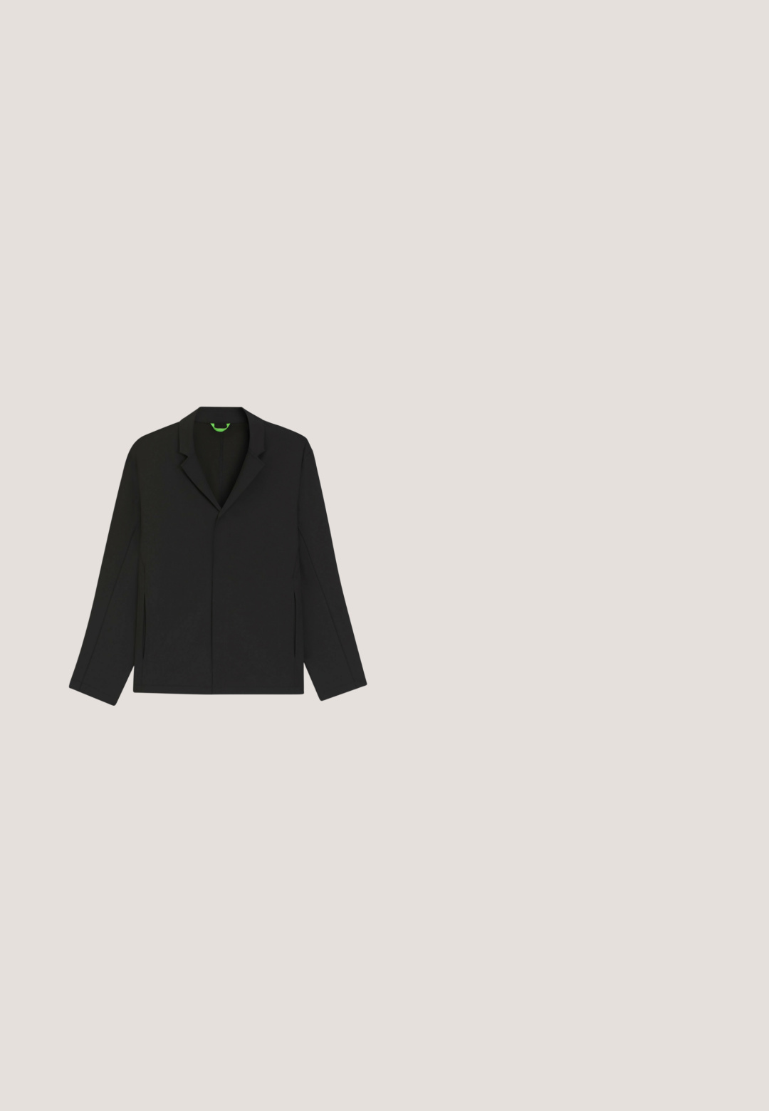 Blazer negro con cierre de un solo botón, solapas con muesca, mangas largas y aberturas laterales. Tela lisa con un diseño minimalista.; Camisa polo negra hecha de una tela suave con un cuello clásico. Presenta dos botones en el cuello, mangas cortas y un logotipo sutil en el pecho.; Pantalones negros con cintura elástica, piernas rectas y bolsillos laterales, diseñados para uso casual o profesional.; Zapatilla deportiva de cuero negro con cordones y el logotipo "ck" en relieve, flotando sobre un suelo gris cerca de una pared de bloques de vidrio.; Bolso cruzado de nylon negro con forma estructurada, correa ajustable y un pequeño bolsillo a juego con un patrón geométrico.; Reloj de pulsera minimalista gris Skagen Denmark con correa de malla, agujas blancas de hora y minuto, y pequeña aguja de segundos naranja en el centro inferior.