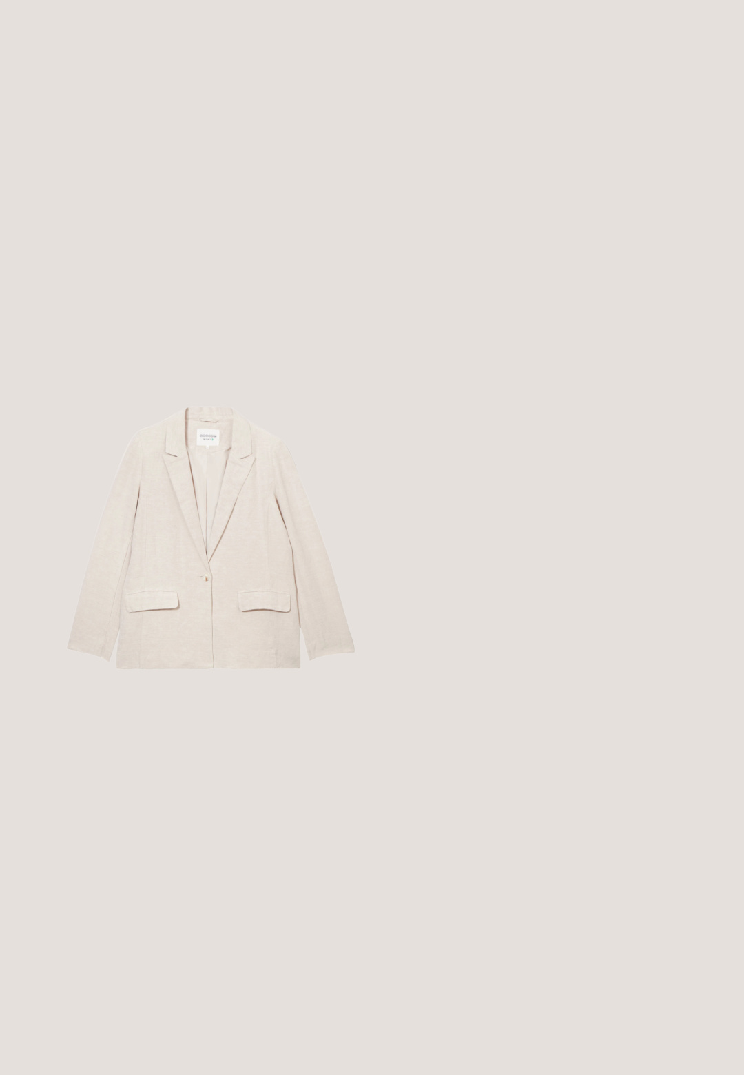 Beige linnen blazer met een notch lapel, enkele knoopsluiting en twee voorzakken. Soepele textuur en een relaxte pasvorm met lange mouwen.; Mouwloze beige jurk met een V-hals, gemaakt van lichte linnen. Bevat een rits aan de achterkant en heeft een ontspannen, vloeiende silhout. ; Beige sleehak espadrille met gesloten neus, geweven enkelriem en gevlochten jute plateauzool.; Schildpadbril met een gradient lens en dunne gouden metalen accenten. Beschikt over ronde monturen en slanke arms voor een moderne uitstraling.; Zijden sjaal met kleurrijk aquarel bloemenpatroon en groene rand, gevouwen om overlappende lagen te tonen.; Beige geweven draagtas met twee handvatten en "VANESSA BRUNO" in het zwart gedrukt op een solide geweven paneel in het midden.