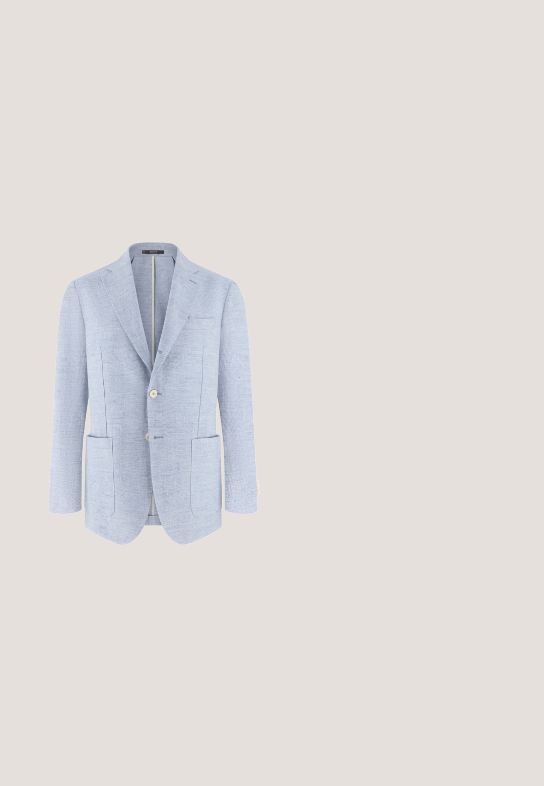 Lichtblauwe blazer met textuur, voorzien van notch-revers, twee opgestikte zakken aan de voorkant, twee knopen en een borstzak met bies.; Witte overhemd met lange mouwen, zwarte knopen en een voorzak, met een button-down kraag met een donker binnenwerk.; Beige rechte pijpen chinos met riemlussen, voorkant met knoop en rits sluiting, en schuine voorzakken.; Bruine suède instappers met een eenvoudig ontwerp, voorzien van een lichte neus en een lichtgekleurde rubberen zool.; Lichtblauw pochet met klein wit cirkelpatroon en donkerblauwe rand, "BOGGI" logo rechtsonder.; Bruine leren riem met een messing gespsluiting en een klein geperst detail van een schedel en gekruiste beenderen nabij het uiteinde.