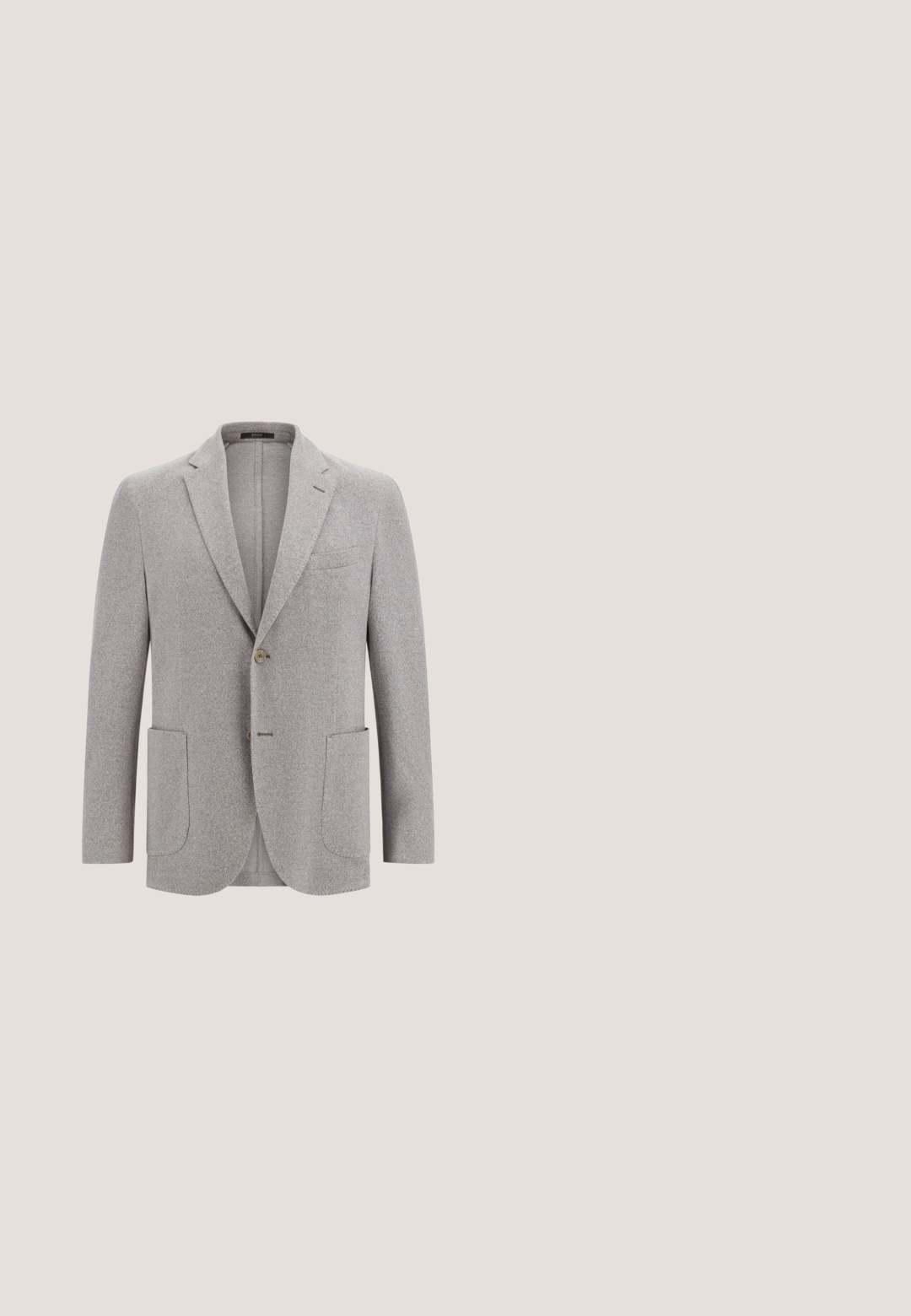 Blazer gris clair en tissu texturé, avec deux poches avant, une poche poitrine, des revers crantés et une fermeture à un bouton.; Chemise pour homme beige à manches longues avec fines rayures verticales, boutonnée sur le devant, et col pointu.; Pantalon marron clair à jambes droites avec fines rayures blanches, fermeture par bouton et fermeture éclair, et passants pour ceinture.; Chaussure de ville en cuir marron avec un bout arrondi, des perforations décoratives et une finition lisse. Présente un talon bas et six œillets pour les lacets.; Cravate marron foncé avec un motif circulaire subtil et répétitif, posée à plat sur un fond gris clair.; Ceinture en cuir marron avec une texture lisse, dotée d'une boucle en métal argenté et de coutures soignées le long des bords. Design classique.