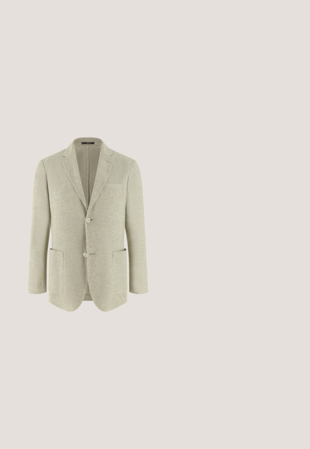 Lichtbeige herenblazer met ingezette revers, twee klepzakken aan de voorkant en twee knopen, weergegeven op een witte achtergrond.; Beige geribbelde trui met een hoge kraag en eenhalve ritssluiting. Lange mouwen en een aansluitende zoom benadrukken de textuurrijke uitstraling.; Korte mouwen, overhemd met knopen in een bruine, gestructureerde stof met een klassieke kraag en witte knopen. Klein logo geborduurd op de borst.; Next REGULAR TAPERED FIT - PREMIUM HERRINGBONE WITH ELASTICATED WAIST - Chino - neutral; Donkere bruine suède instappers voor heren met metalen gespsluiting en zwarte rubberen zool, zijaanzicht tegen een witte achtergrond.; Donkerbruine gevlochten leren riem met een rechthoekige messing gesp, opgerold met gedetailleerd stiksel op de gesp lus tegen een witte achtergrond.