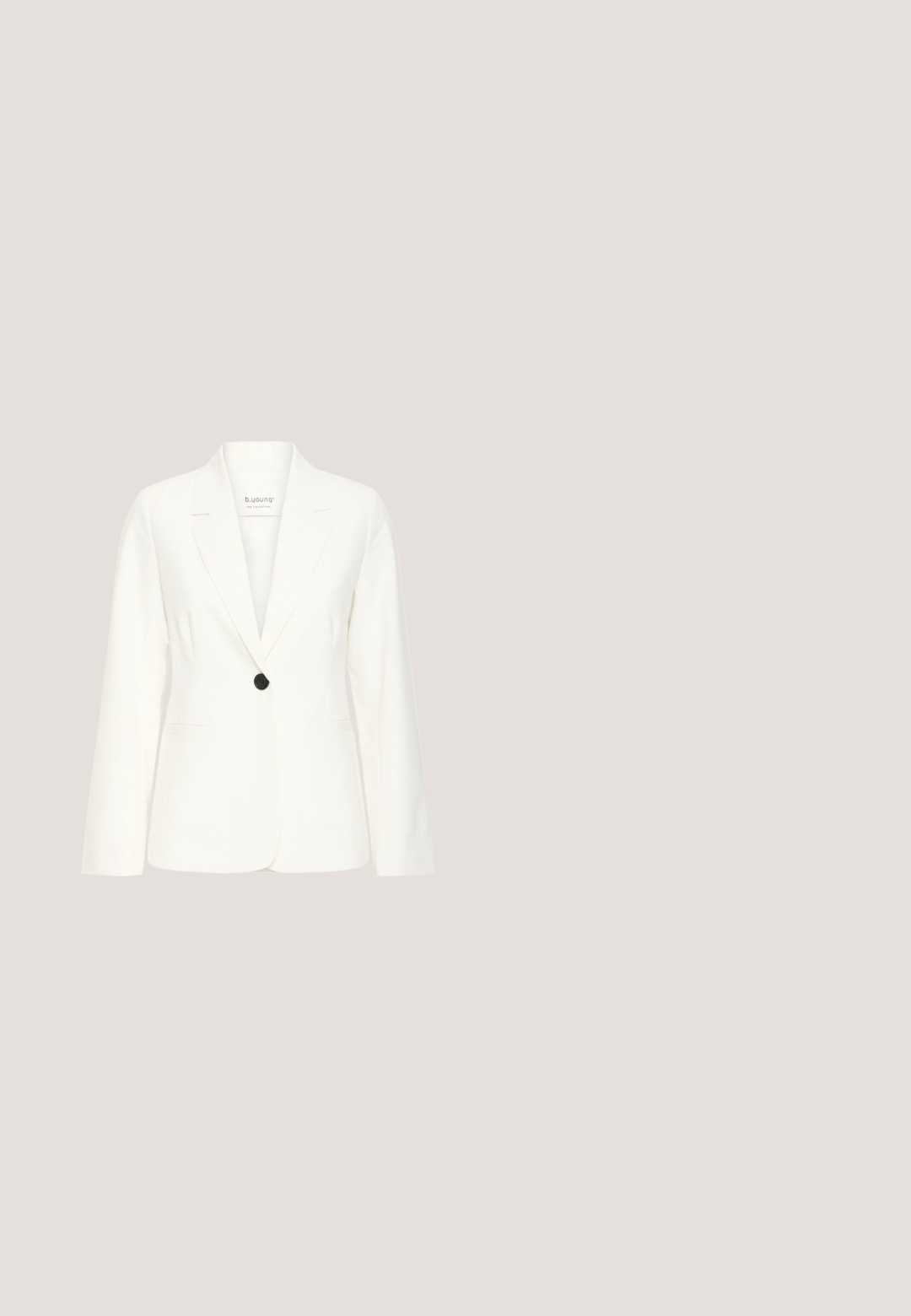 Hvid blazer med revers med hak, enkelt sort knap, to forlommer, lange ærmer og en glat stoftekstur.; Kortærmet bluse med rund hals i off-white tekstureret stof. Har diskrete plisseringer ved skuldrene og en afslappet pasform.; Lysgrå vide bukser med en glat tekstur, der har to frontfalde, en talje og lige ben.; Brun ruskind slip-on træsko med justerbar guldbeslag, korksål og sort tekstureret ydersål, sidevisning på hvid baggrund.; Tanfarvet læderhåndtaske med vævet beige frontpanel, guldfarvet låsedetalje og bred skulderrem mod hvid baggrund.; Glanzstücke München Halskæder - weiß